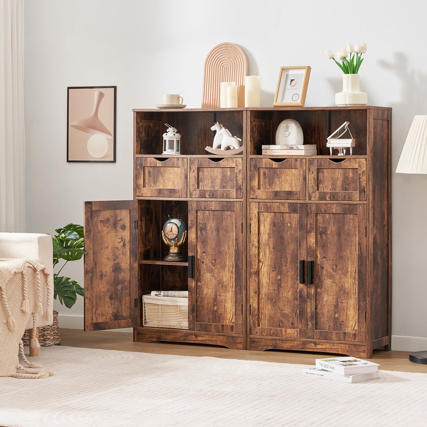 USIKEY Large Storage Cabinet, Rattan Cabinet with 2 Drawers & 2 Shelves, Cupboard, Floor Cabinet for Living Room, Home Office