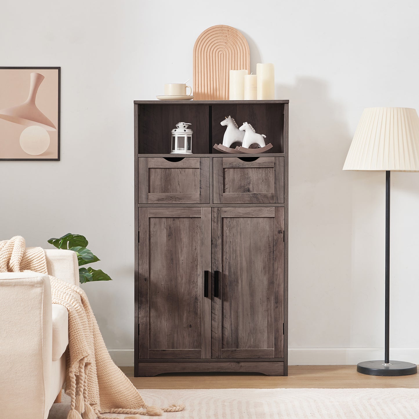 USIKEY Large Storage Cabinet, Rattan Cabinet with 2 Drawers & 2 Shelves, Cupboard, Floor Cabinet for Living Room, Home Office