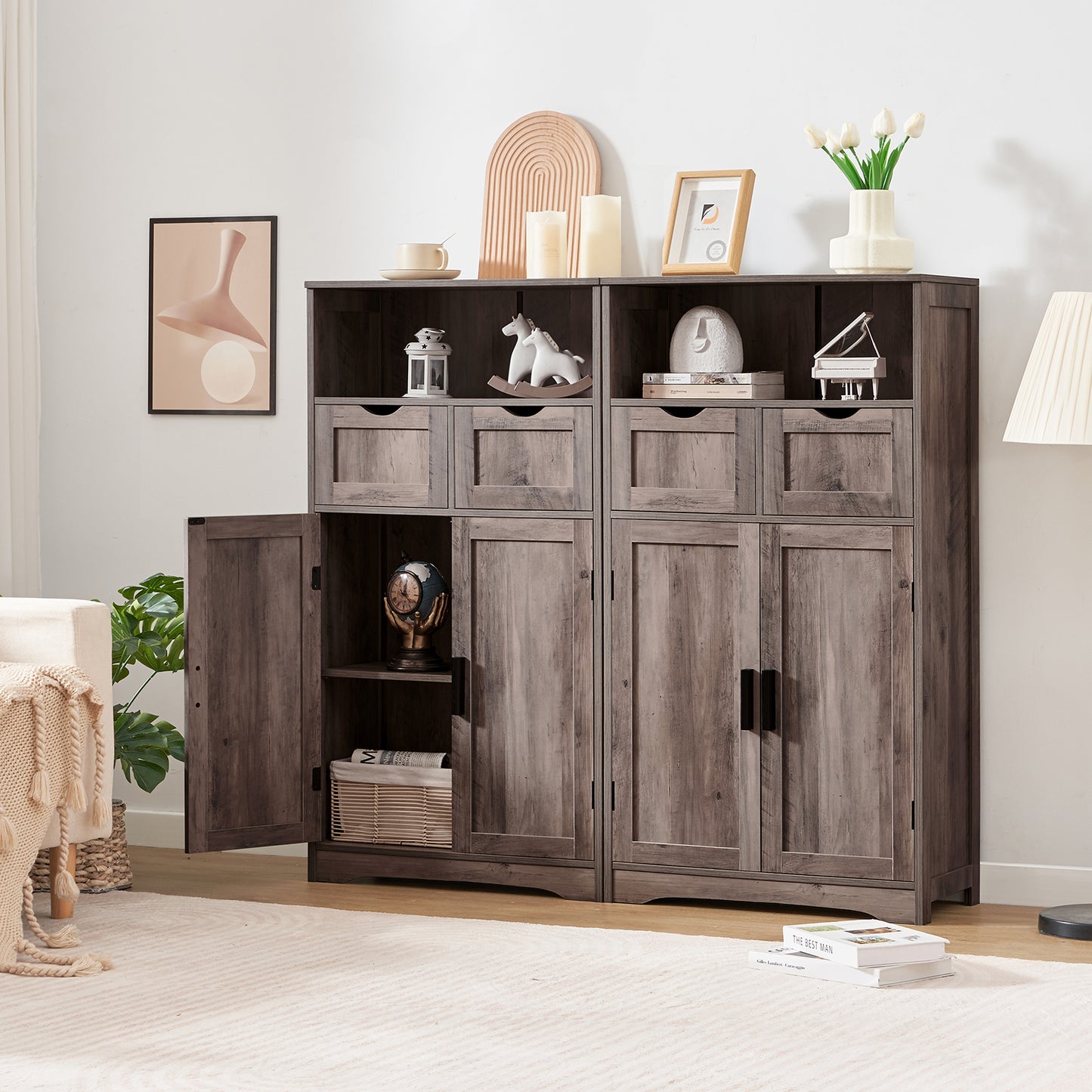 USIKEY Large Storage Cabinet, Rattan Cabinet with 2 Drawers & 2 Shelves, Cupboard, Floor Cabinet for Living Room, Home Office