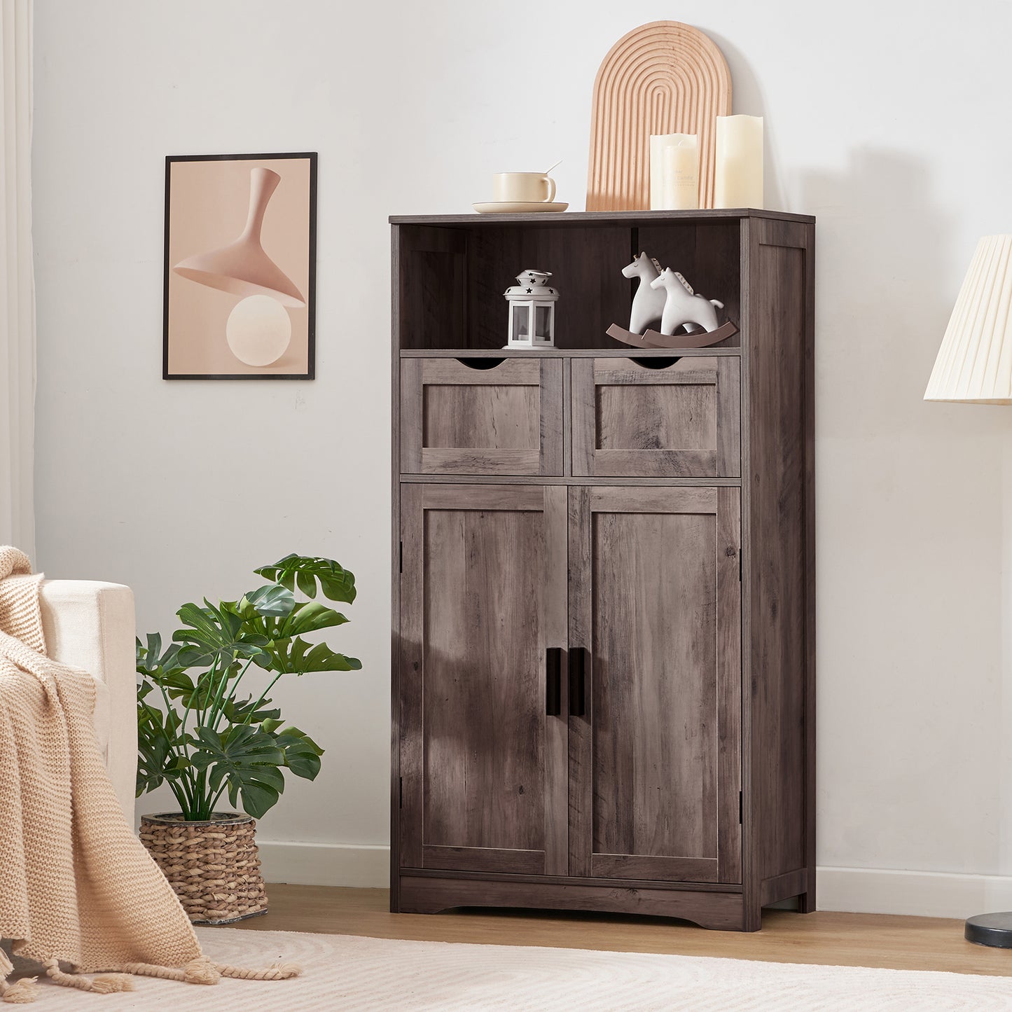 USIKEY Large Storage Cabinet, Rattan Cabinet with 2 Drawers & 2 Shelves, Cupboard, Floor Cabinet for Living Room, Home Office