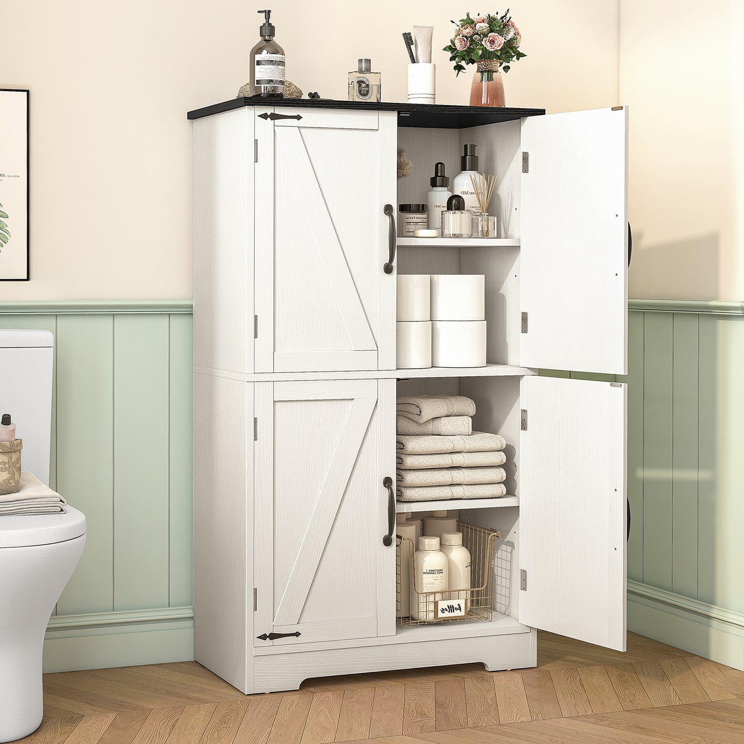 USIKEY Farmhouse Storage Cabinet with 2 Adjustable Shelves, Bathroom Cabinet with 4 Doors, Kitchen Cabinets, Cupboard for Kitchen, Living Room