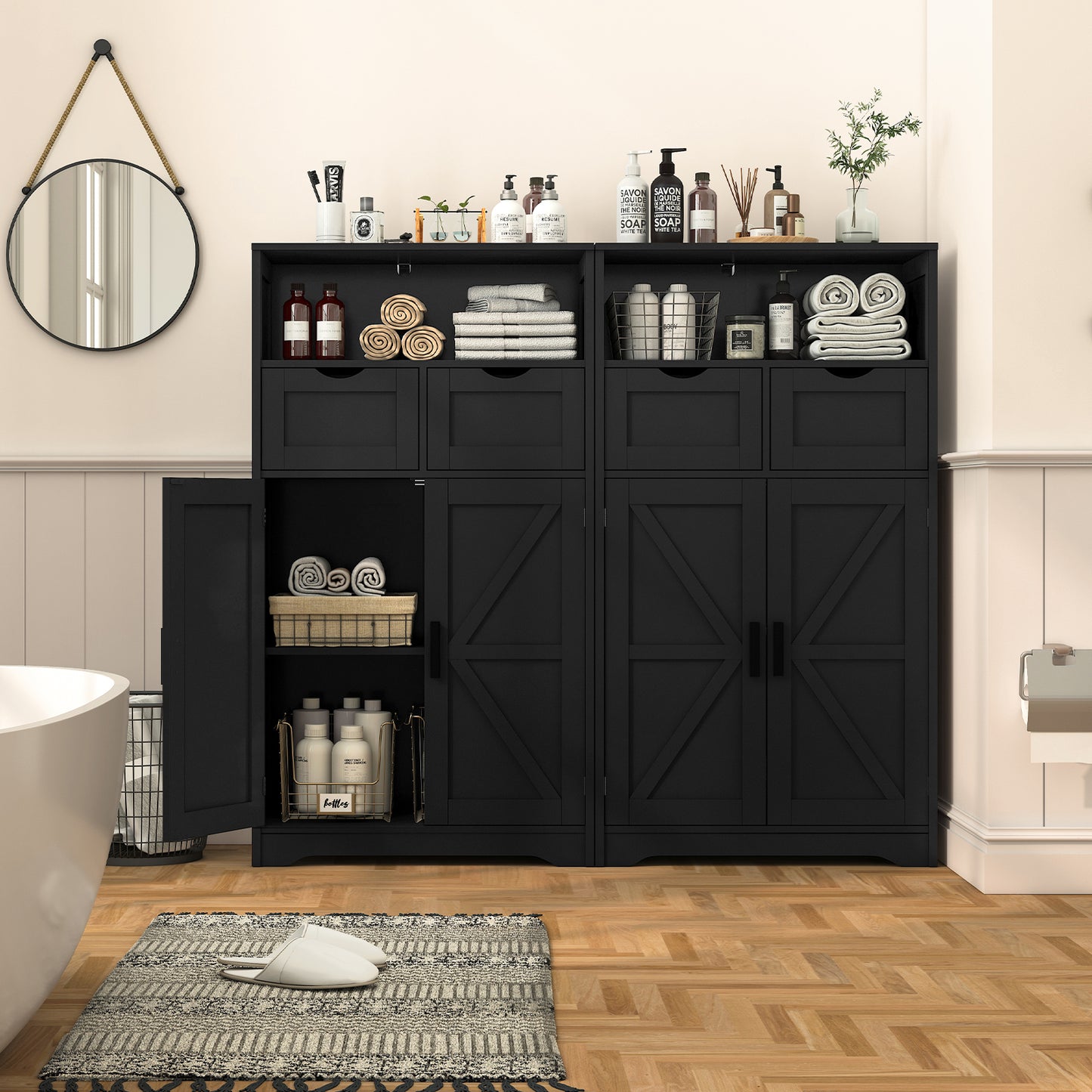 USIKEY Storage Cabinet with 2 Adjustable Drawers & 2 Barn Doors, Standing Cupboard with 2 Shelf, Floor Cabinet for Living Room, Home Office, Kitchen