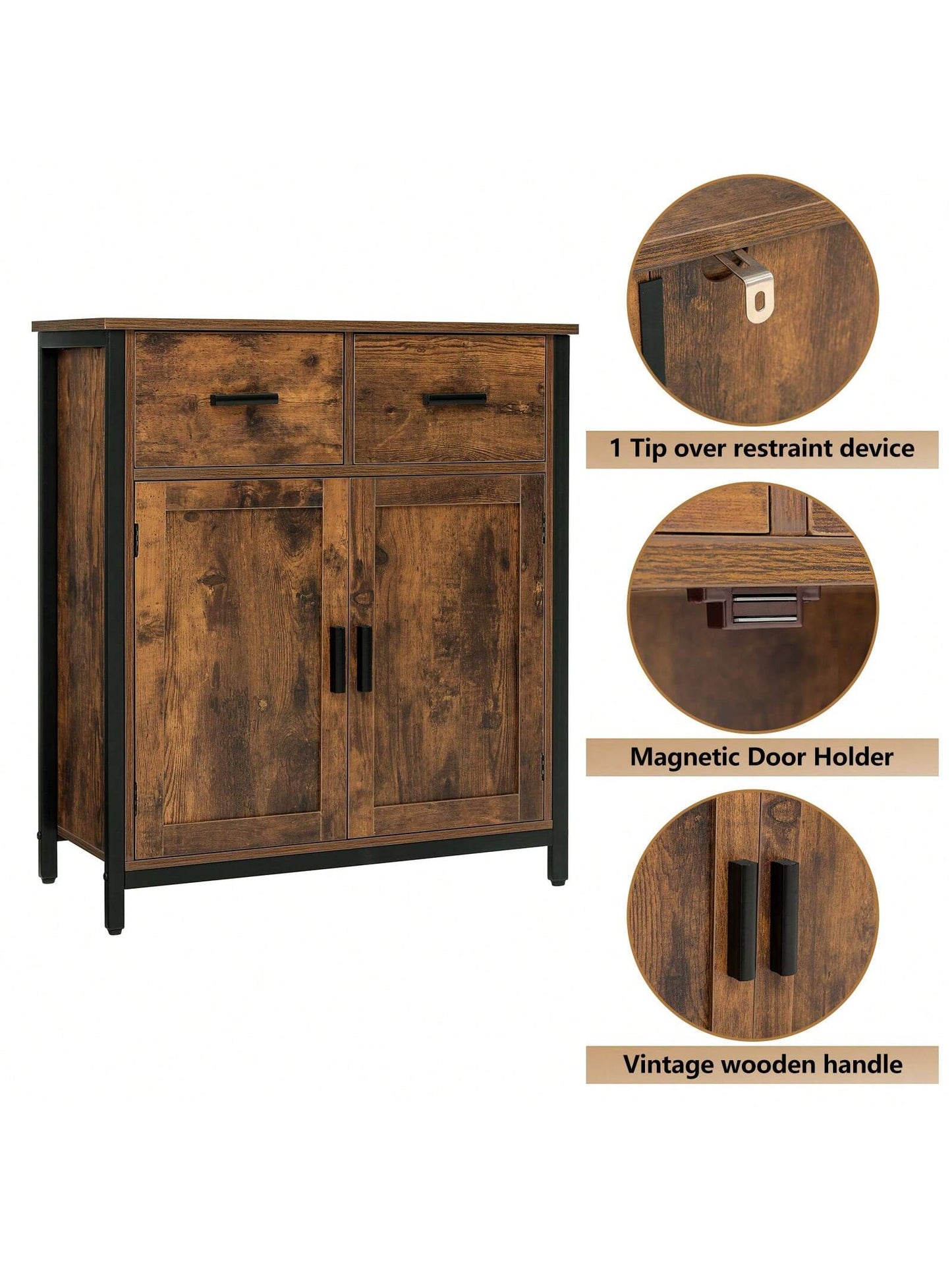 USIKEY Storage Cabinet, Industrial Floor Cabinet with 2 Drawers & Doors, Freestanding Storage Cabinet with Shelf, for Living Room, Bedroom, Kitchen