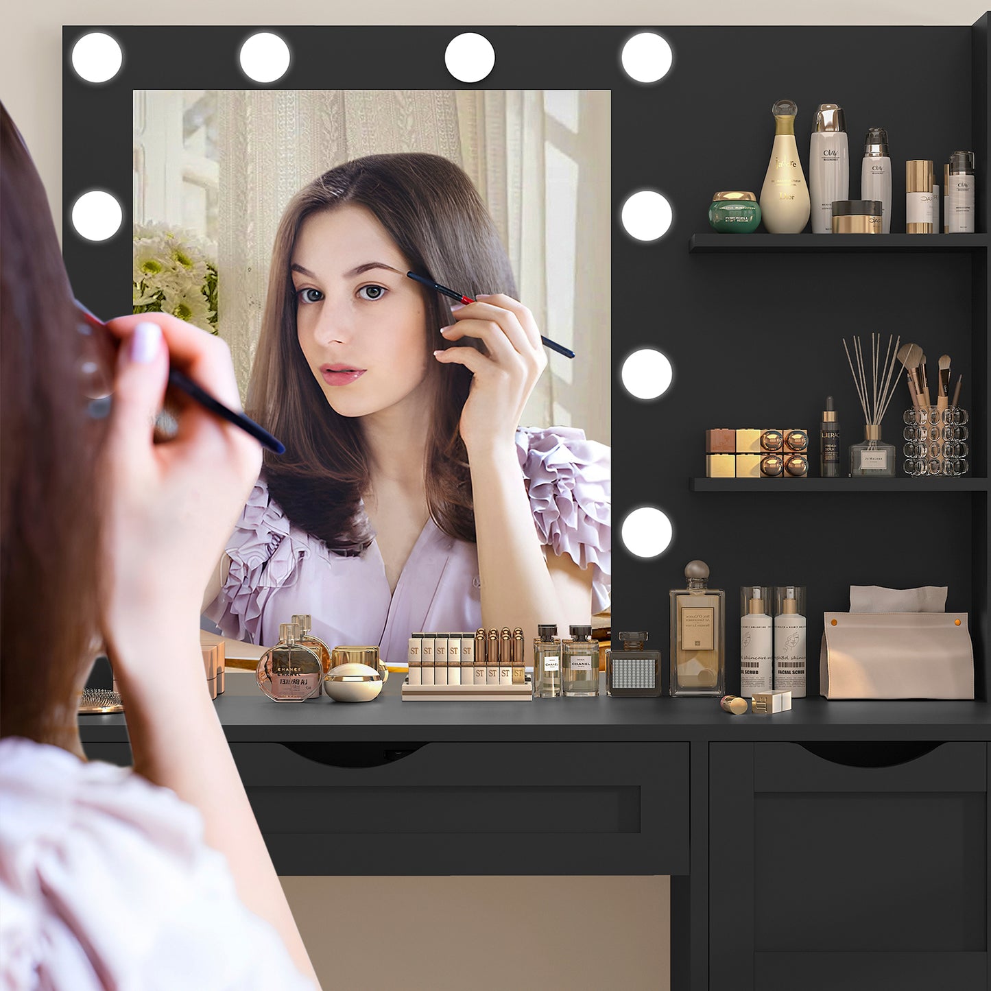 usikey Makeup Vanity Desk with Mirror and 10 LED Lights, Makeup Vanity Table with 4 Drawers, Vanity Desk Dressing Table with 2 Storage Shelves, 3 Color Modes Adjustable Brightness for Bedroom