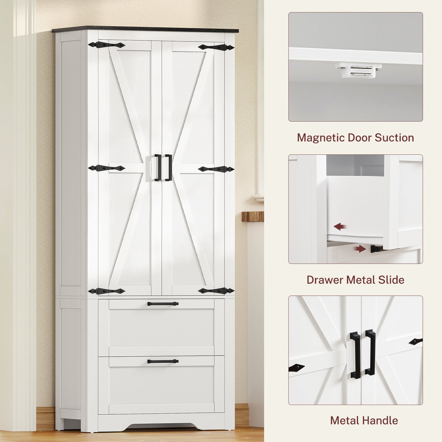 USIKEY 66.2" H Storage Cabinet with 2 Drawers, Farmhouse Kitchen Pantry Cabinet with 2 Doors & Adjustable Shelf, for Living Room, Kitchen, White