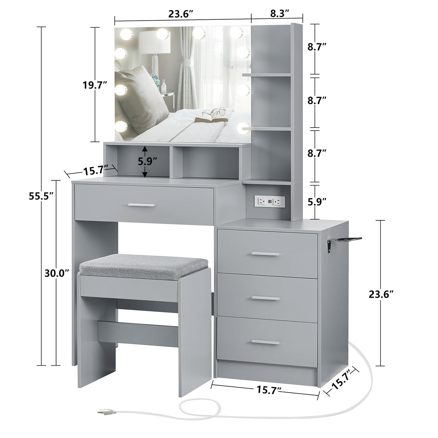 usikey Large Vanity Table Set with Lighted Mirror & Charging Station, Makeup Vanity Dressing Table with 4 Storage Shelves and 4 Drawers, Vanity Desk with 3-Drawer Chest and Cushioned Stool, Grey