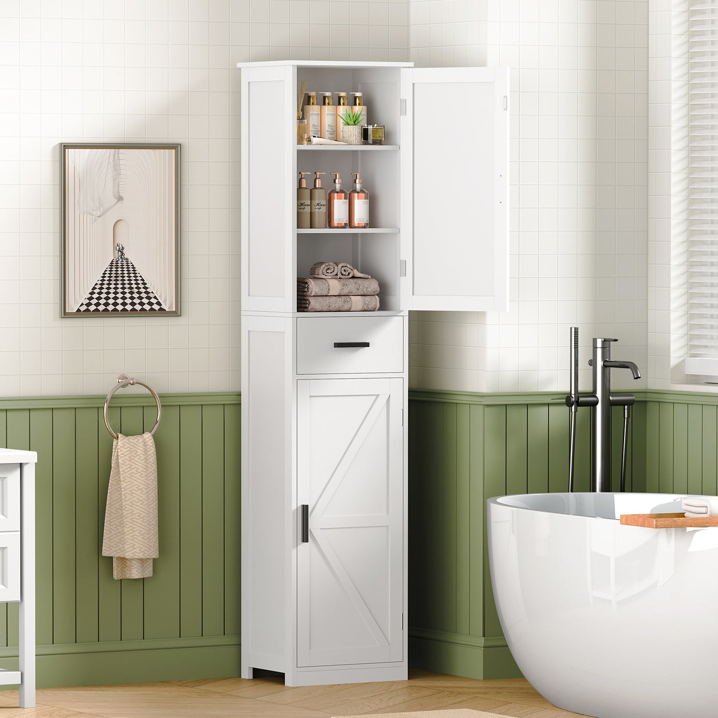 USIKEY 67.1" H Storage Cabinet, Tall Cabinet with 6 Shelves & Drawer, Slim Storage Cabinet with Adjustable Shelves for Living Room, Kitchen