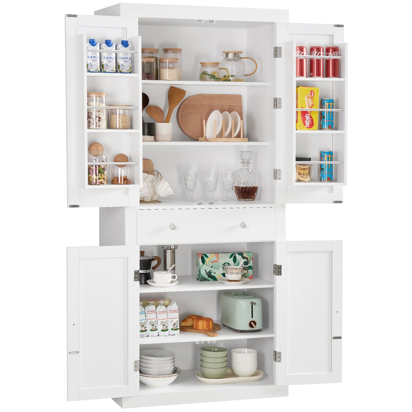 usikey 72?¡À Kitchen Pantry Cabinet, Tall Storage Cabinet with 4 Doors and 1 Drawer, Freestanding Cupboard with 6 Hanging Shelves and Adjustable Shelves for Kitchen, Dining Room,Living Room