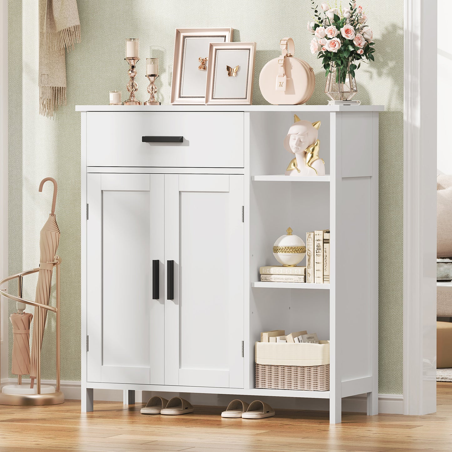 USIKEY Storage Cabinet, Floor Cabinet with Doors and Shelves, Coffee Bar Cabinet with Drawer, Organizer Cabinet for Living Room, Dining Room