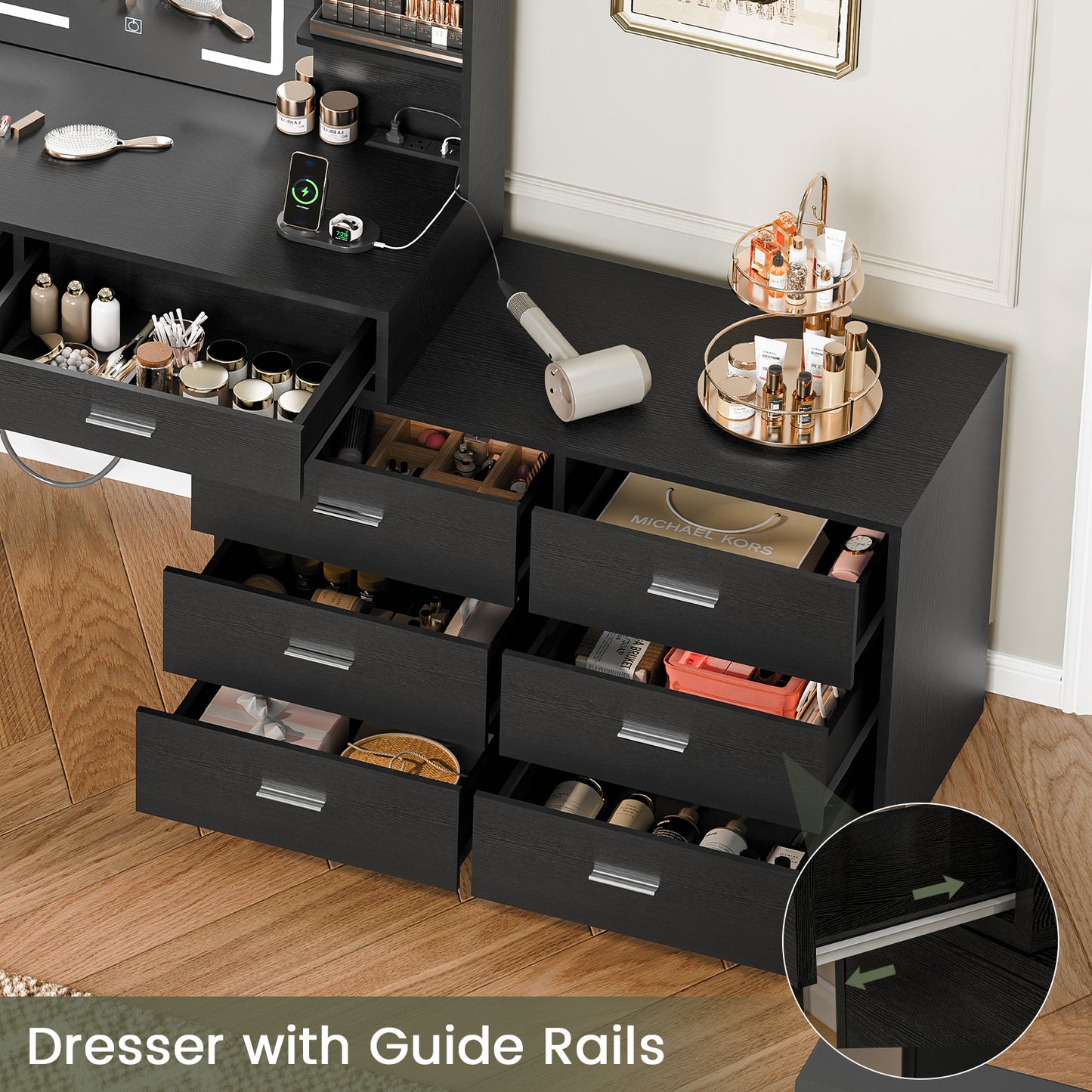 USIKEY Vanity Makeup Desk with LED Light Mirror & Power Outlet, 8 Drawers, Storage Shelves, & Adjustable Brightness Dressing Table, Corner Vanity Desk