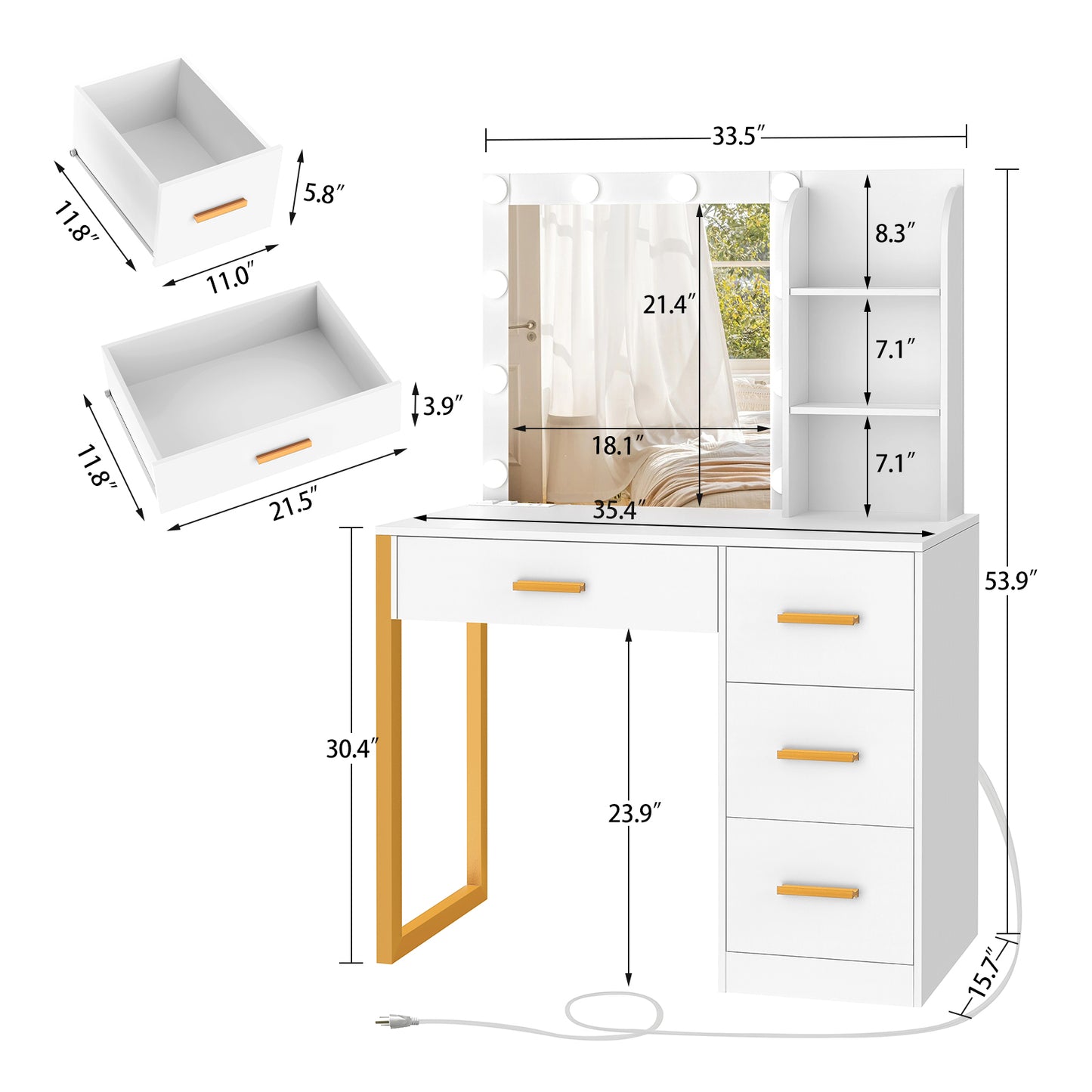 USIKEY Makeup Vanity Desk with Mirror & Lights, Vanity Desk with 4 Drawers & Power Outlet, Vanity Table with Open Storage Shelves for Bedroom