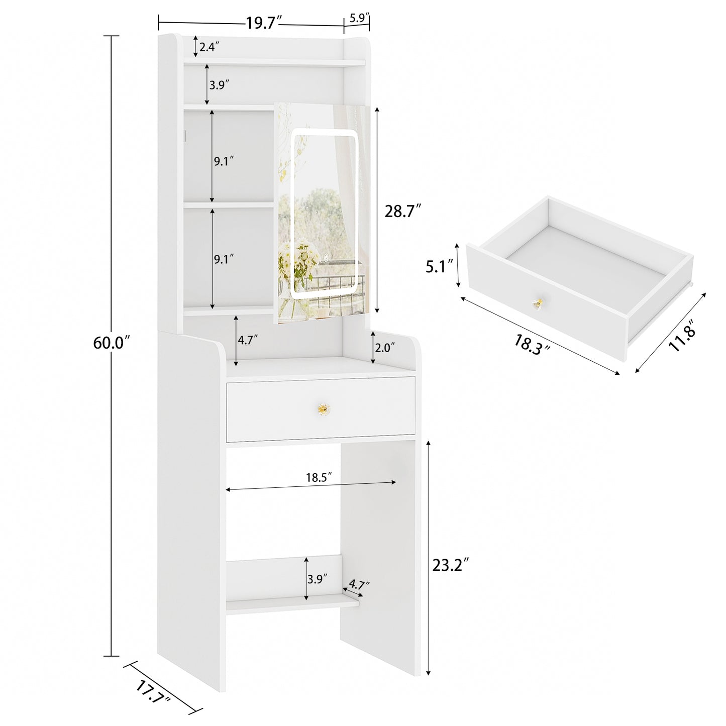 USIKEY Vanity Desk, Small Vanity with LED Lights, Makeup Vanity with Mirror for Bedrooms,Makeup Vanity Desk with 1 Drawers and 6 Shelves for White