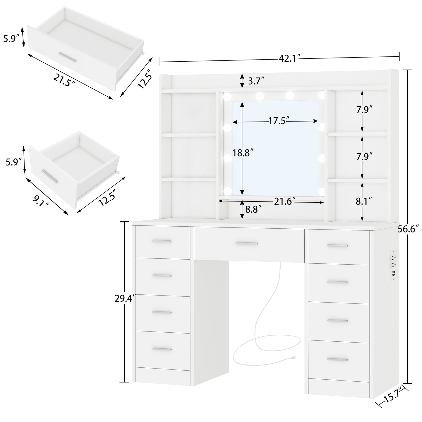 USIKEY Vanity Desk with Mirror and Lights, Power Outlet, Makeup Vanity with 9 Drawers & 6 Open Storage Shelves, 3 Lighting Modes Brightness Adjustable