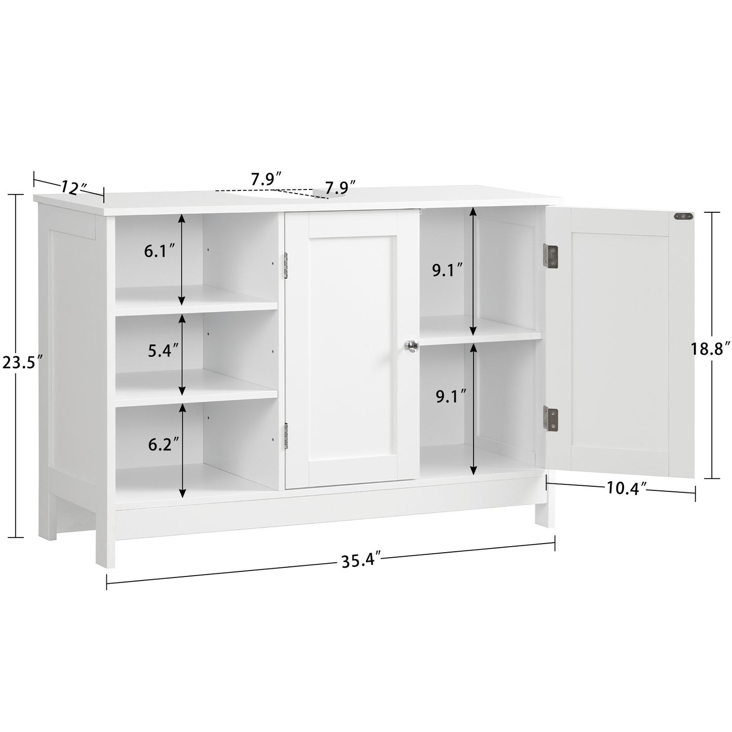USIKEY Pedestal Sink Storage Cabinet with 2 Doors and 3 Open Shelves, Under Sink Cabinet, Bathroom Sink Cabinet with U-Shape, White