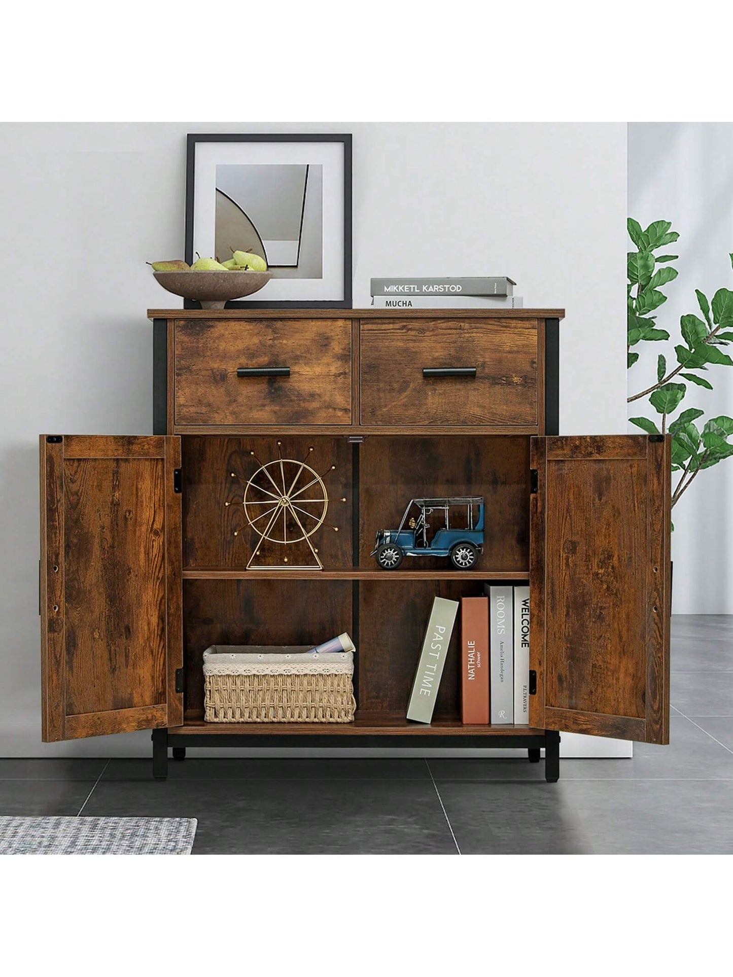 USIKEY Storage Cabinet, Industrial Floor Cabinet with 2 Drawers & Doors, Freestanding Storage Cabinet with Shelf, for Living Room, Bedroom, Kitchen