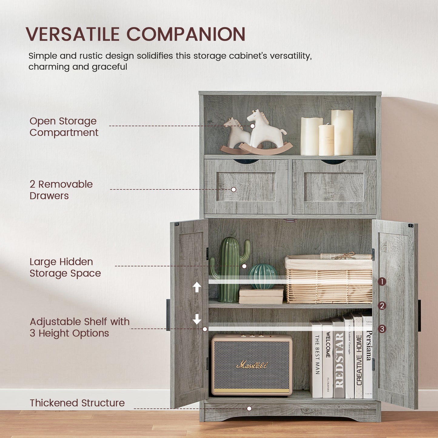 USIKEY Large Storage Cabinet, Rattan Cabinet with 2 Drawers & 2 Shelves, Cupboard, Floor Cabinet for Living Room, Home Office