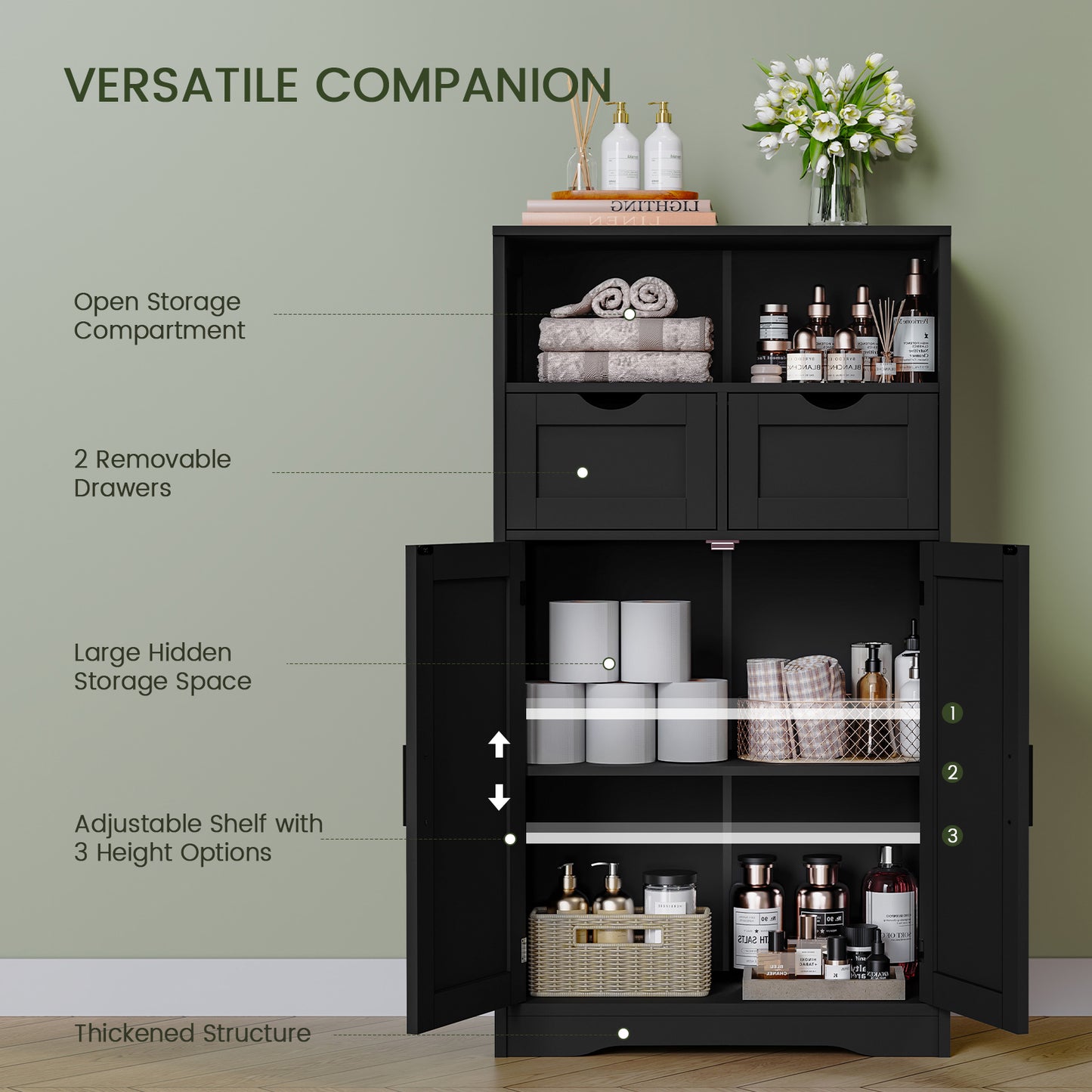 USIKEY Large Storage Cabinet, Rattan Cabinet with 2 Drawers & 2 Shelves, Cupboard, Floor Cabinet for Living Room, Home Office