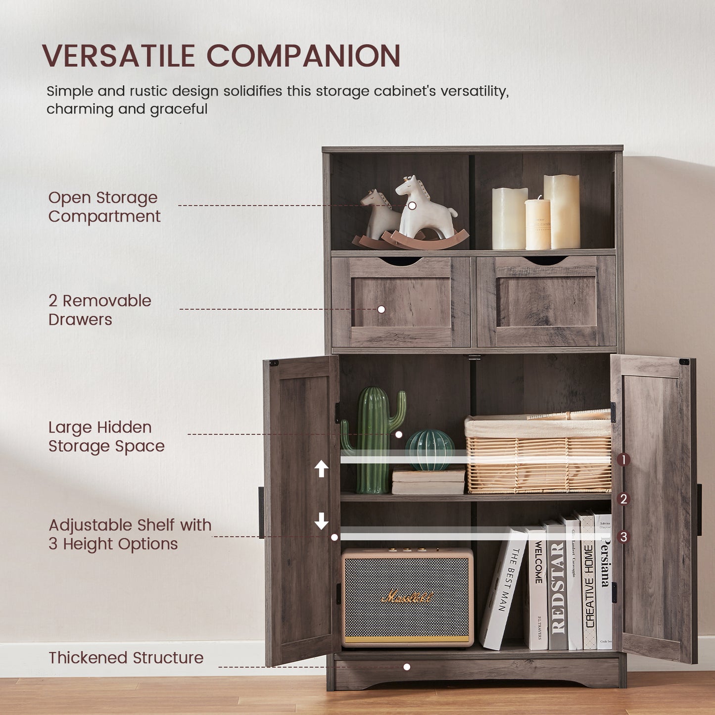 USIKEY Large Storage Cabinet, Rattan Cabinet with 2 Drawers & 2 Shelves, Cupboard, Floor Cabinet for Living Room, Home Office