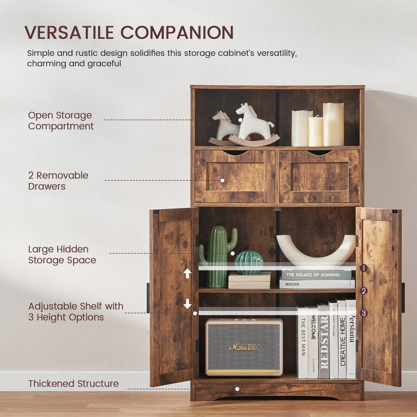 USIKEY Large Storage Cabinet, Rattan Cabinet with 2 Drawers & 2 Shelves, Cupboard, Floor Cabinet for Living Room, Home Office