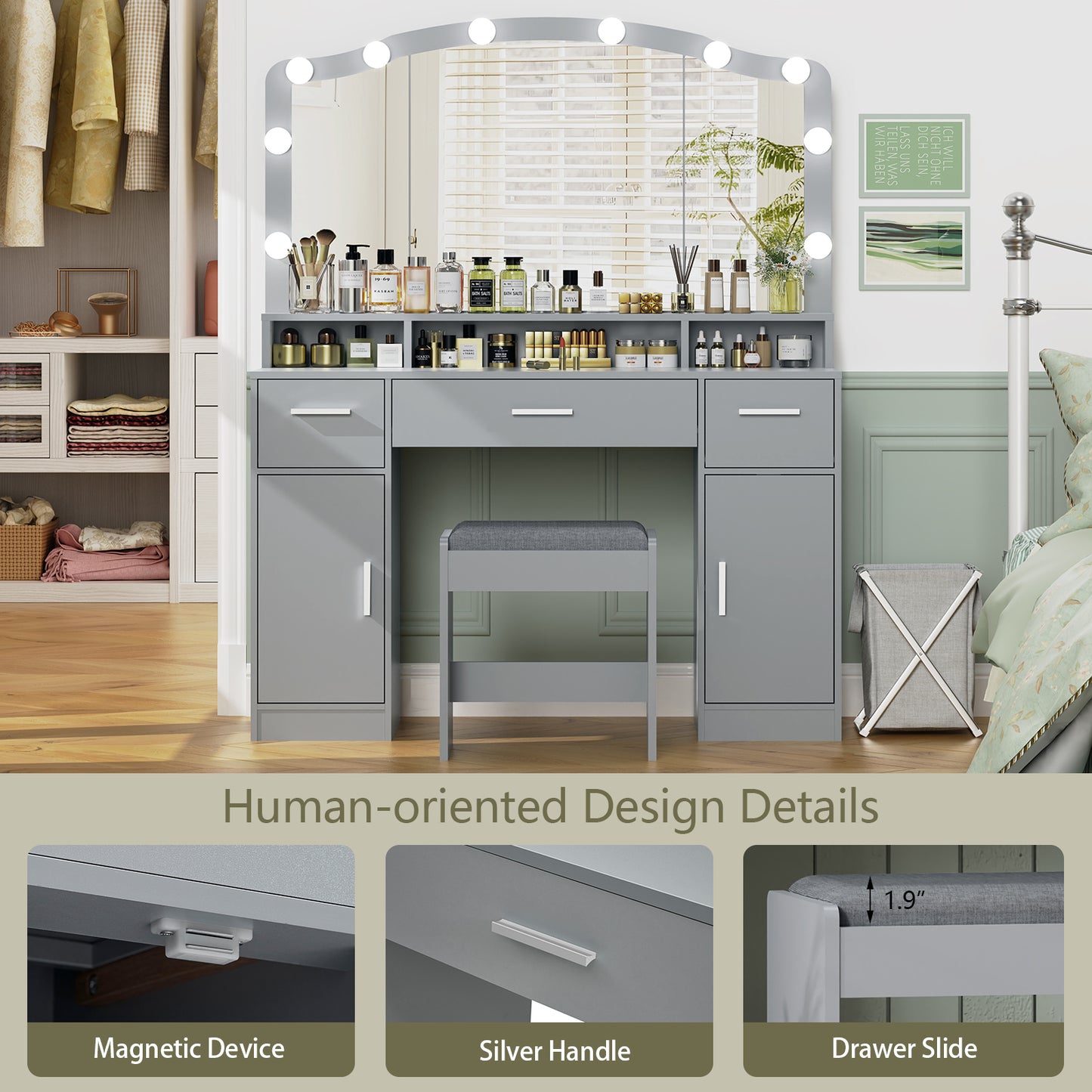 usikey Large Vanity Set with Large Lighted Mirror, Modern Makeup Vanity Table with 3 Drawers, 2 Storage Cabinets & 10 LED Bulbs, Dressing Table with Cushioned Stool for Women, Bedroom, Grey