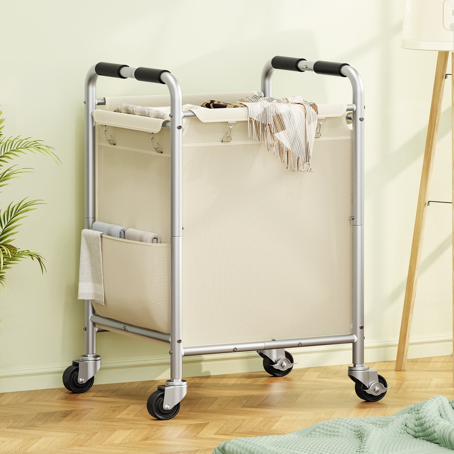 USIKEY Laundry Basket with Wheels, Rolling Laundry Sorter Cart with Side pockets,47.6GAL(180L) Rolling Laundry Hamper with Removable Bag, Beige