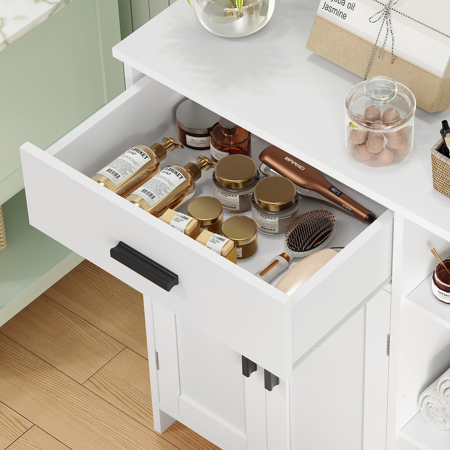 USIKEY Storage Cabinet, Floor Cabinet with Doors and Shelves, Coffee Bar Cabinet with Drawer, Organizer Cabinet for Living Room, Dining Room