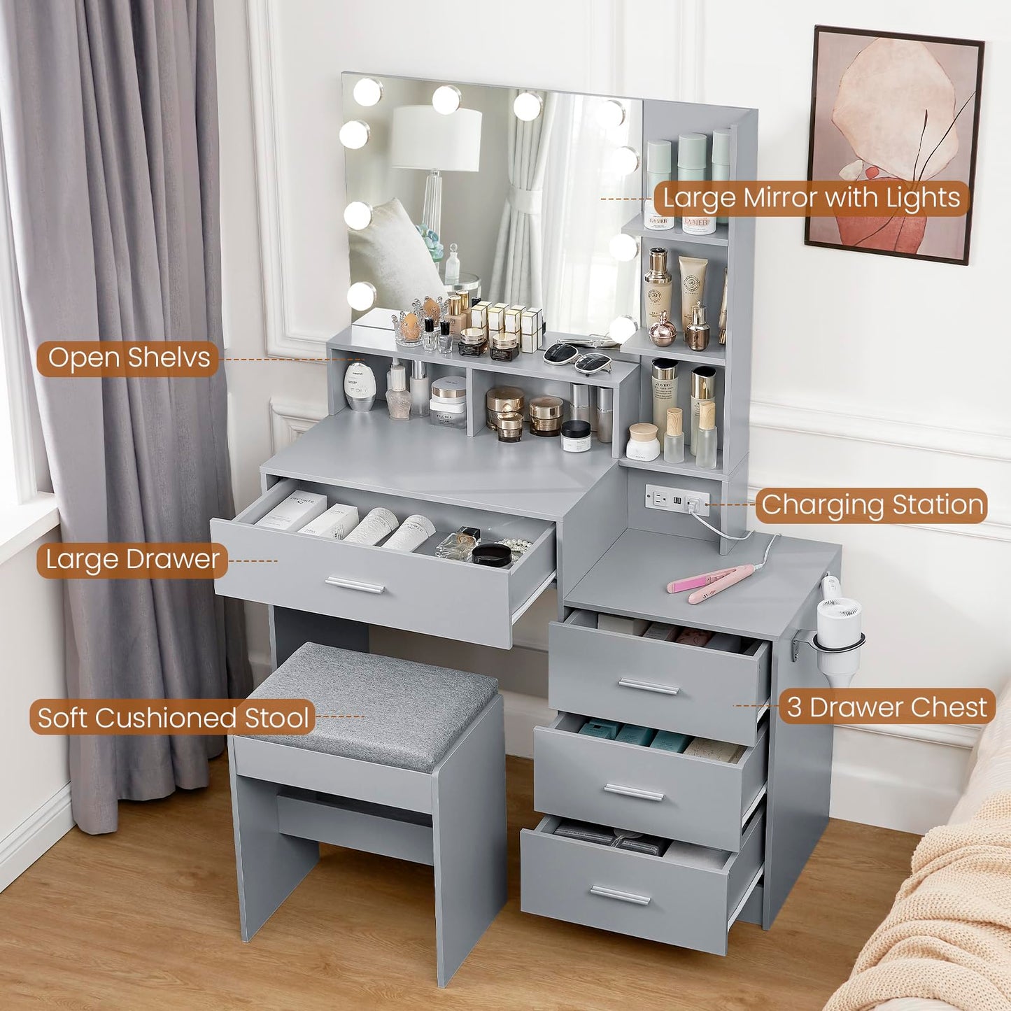 usikey Large Vanity Table Set with Lighted Mirror & Charging Station, Makeup Vanity Dressing Table with 4 Storage Shelves and 4 Drawers, Vanity Desk with 3-Drawer Chest and Cushioned Stool, Grey