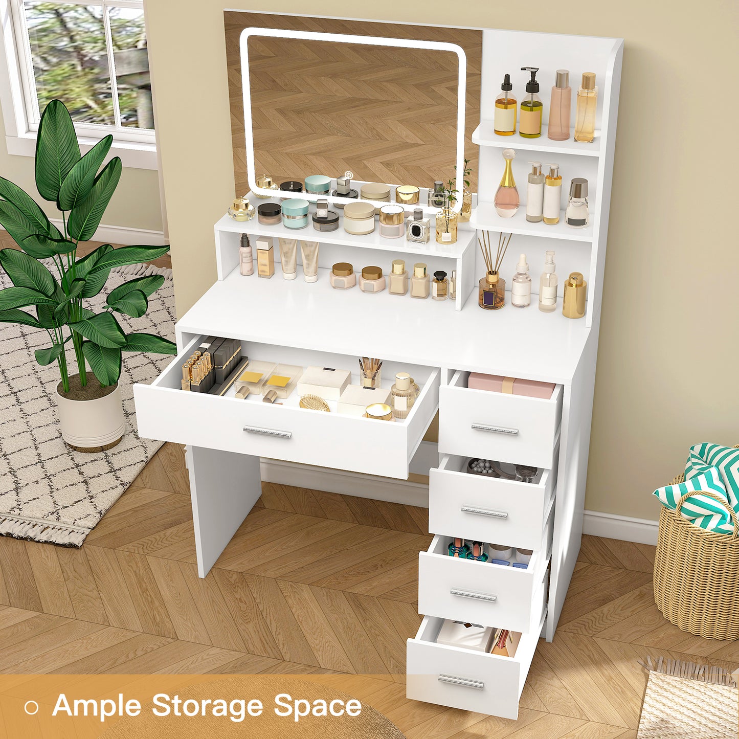 USIKEY Makeup Vanity Desk with LIighted Mirror, Vanity Desk with 5 Drawers, 3 Color Modes & Adjustable Brightness Dressing Table, Bedroom 