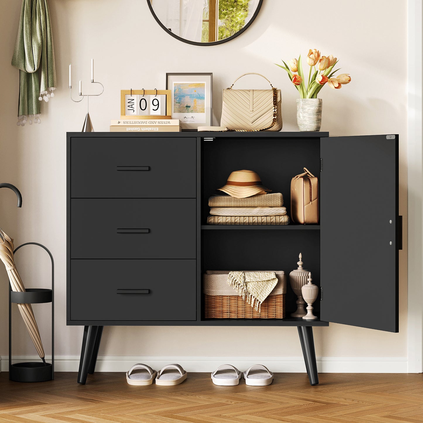 USIKEY Storage Cabinet with Rattan Door & 3 Drawers, Entryway Cabinet with Adjustable Shelf, Accent Cabinet for Living Room
