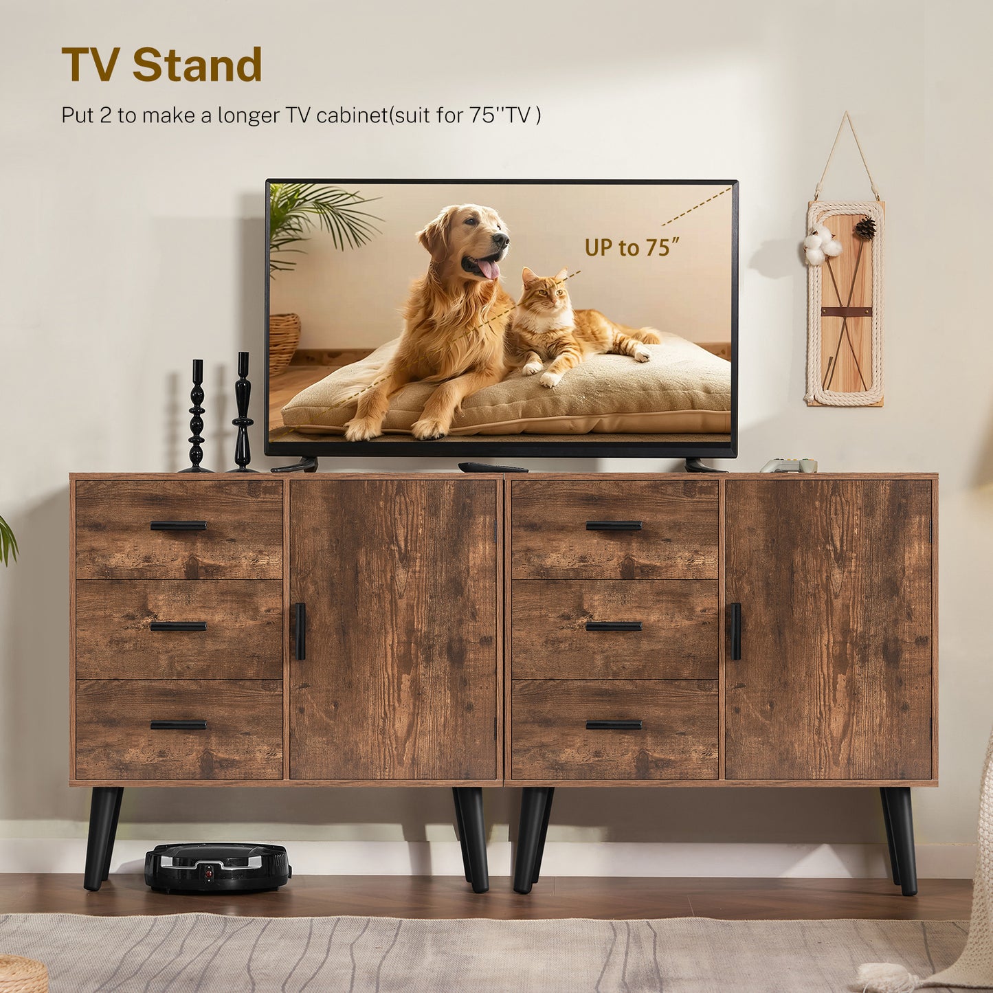 USIKEY Storage Cabinet with Rattan Door & 3 Drawers, Entryway Cabinet with Adjustable Shelf, Accent Cabinet for Living Room
