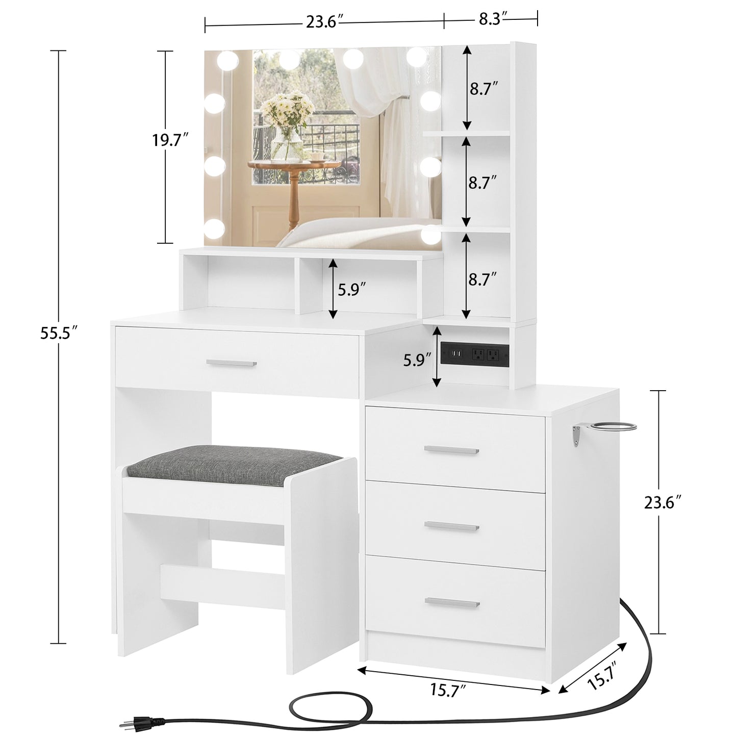 USIKEY Large Vanity Table Set with Lighted Mirror & Charging Station