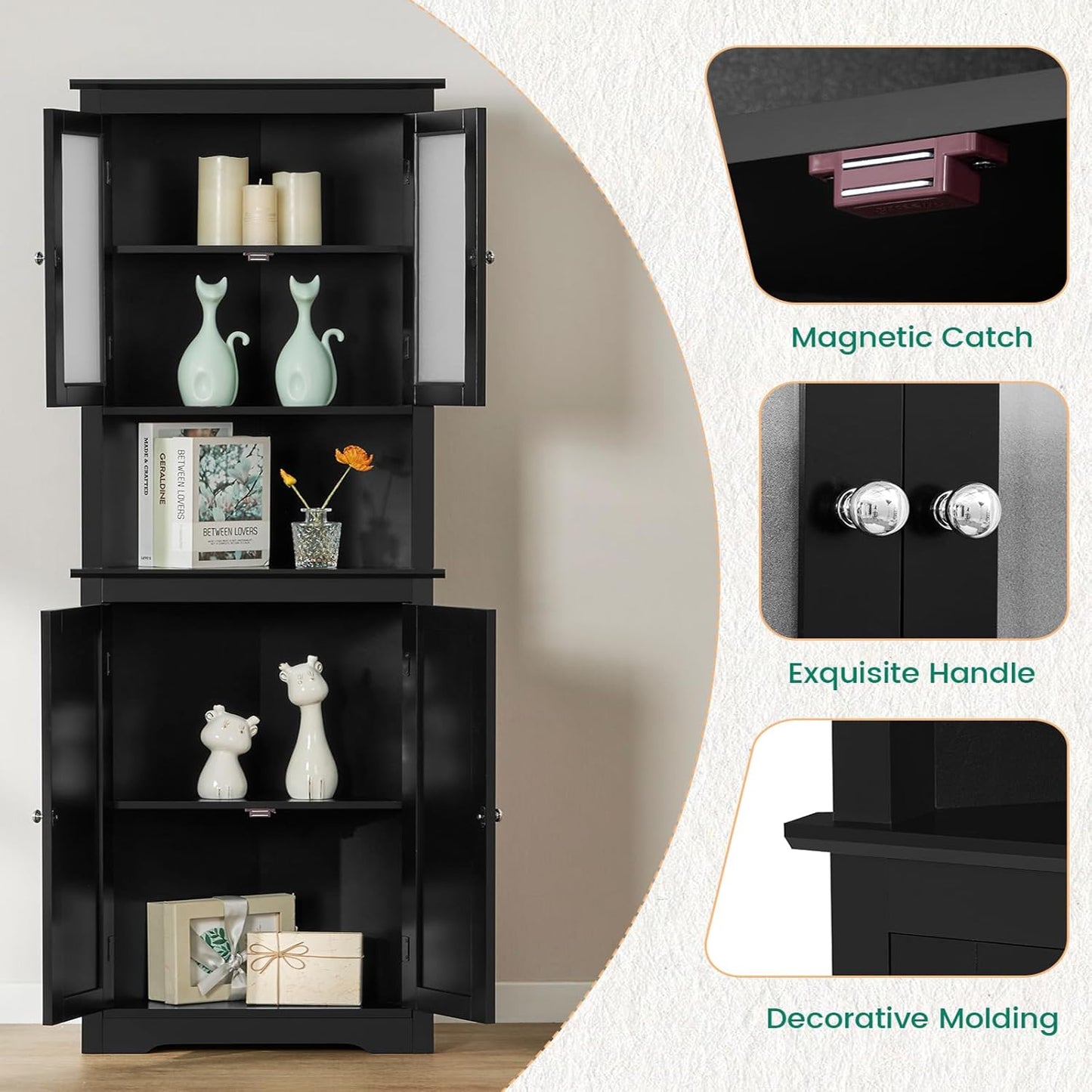 USIKEY 63.8" Tall Corner Cabinet with 4 Doors and 5 Storage Shelves, Corner Bathroom Cabinet, Freestanding Storage Cabinet for Bathroom, Living Room