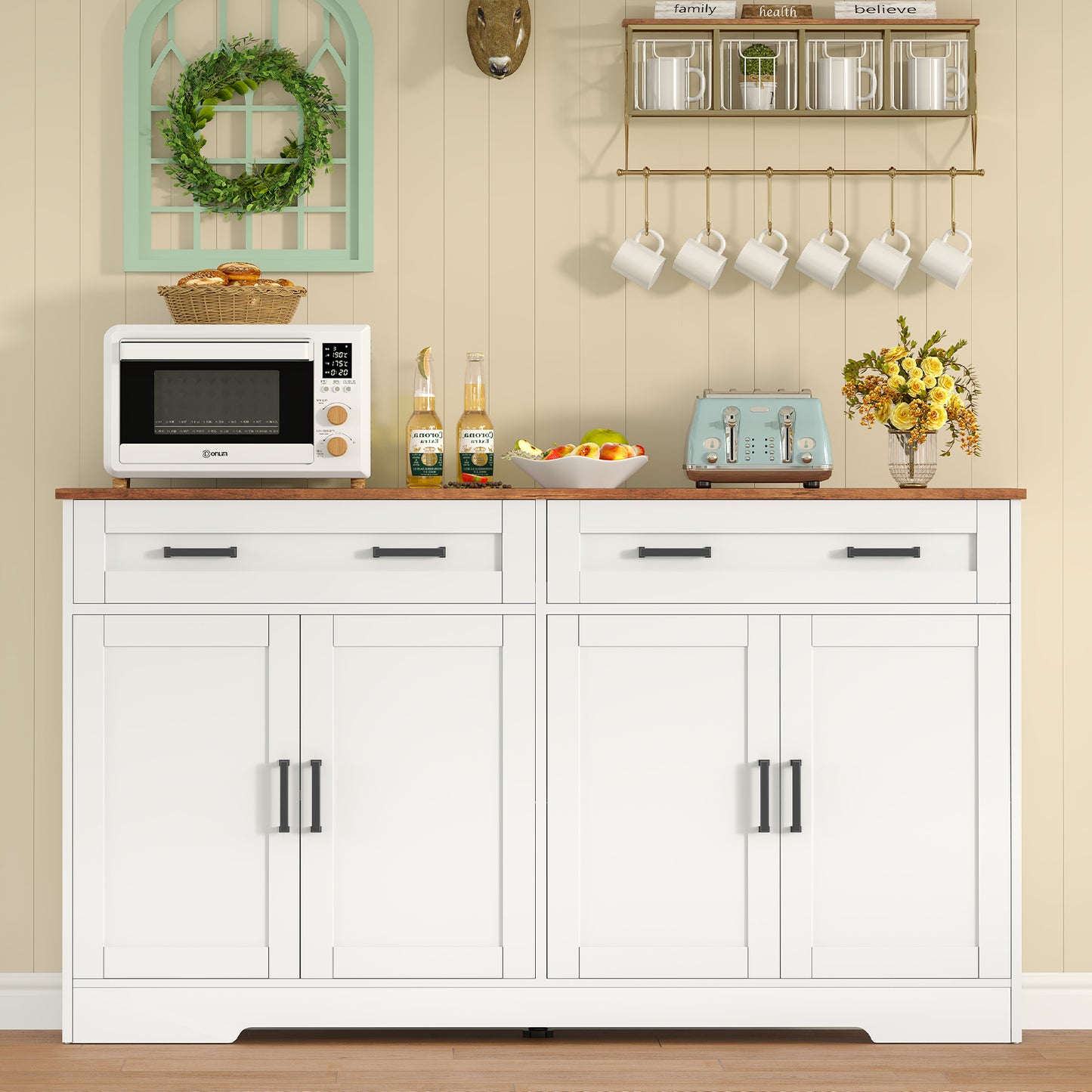 usikey Buffet Cabinet with Storage and Drawers, 55" Large Sideboard Buffet Cabinet with Adjustable Shelves and Doors, Modern Coffee Bar for Kitchen, Living Room, White