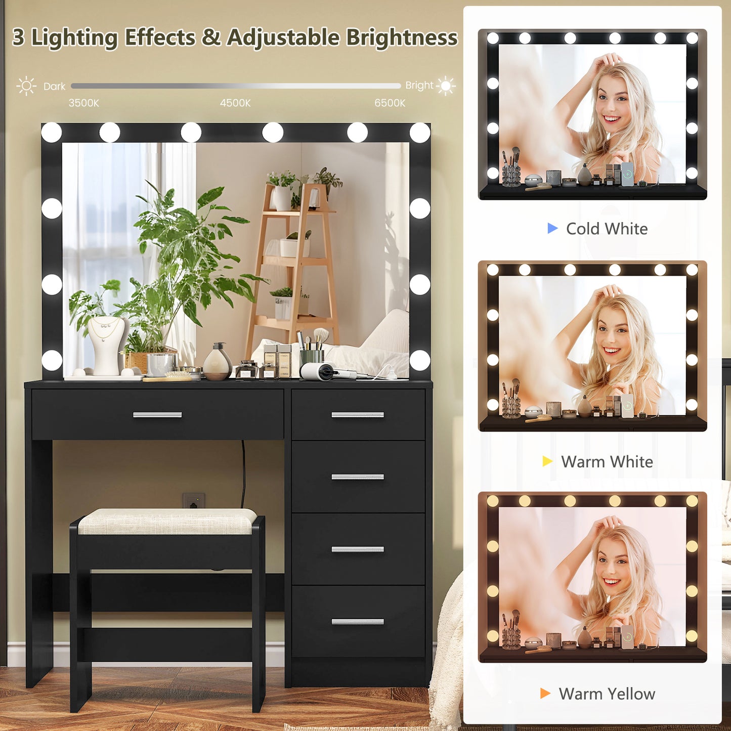 usikey Makeup Vanity with 12 Lights, Vanity Desk with Power Outlet, Makeup Vanity Table with 5 Drawers, Large Mirror, Dressing Vanity Table with Stool for Bedroom, Bathroom, White