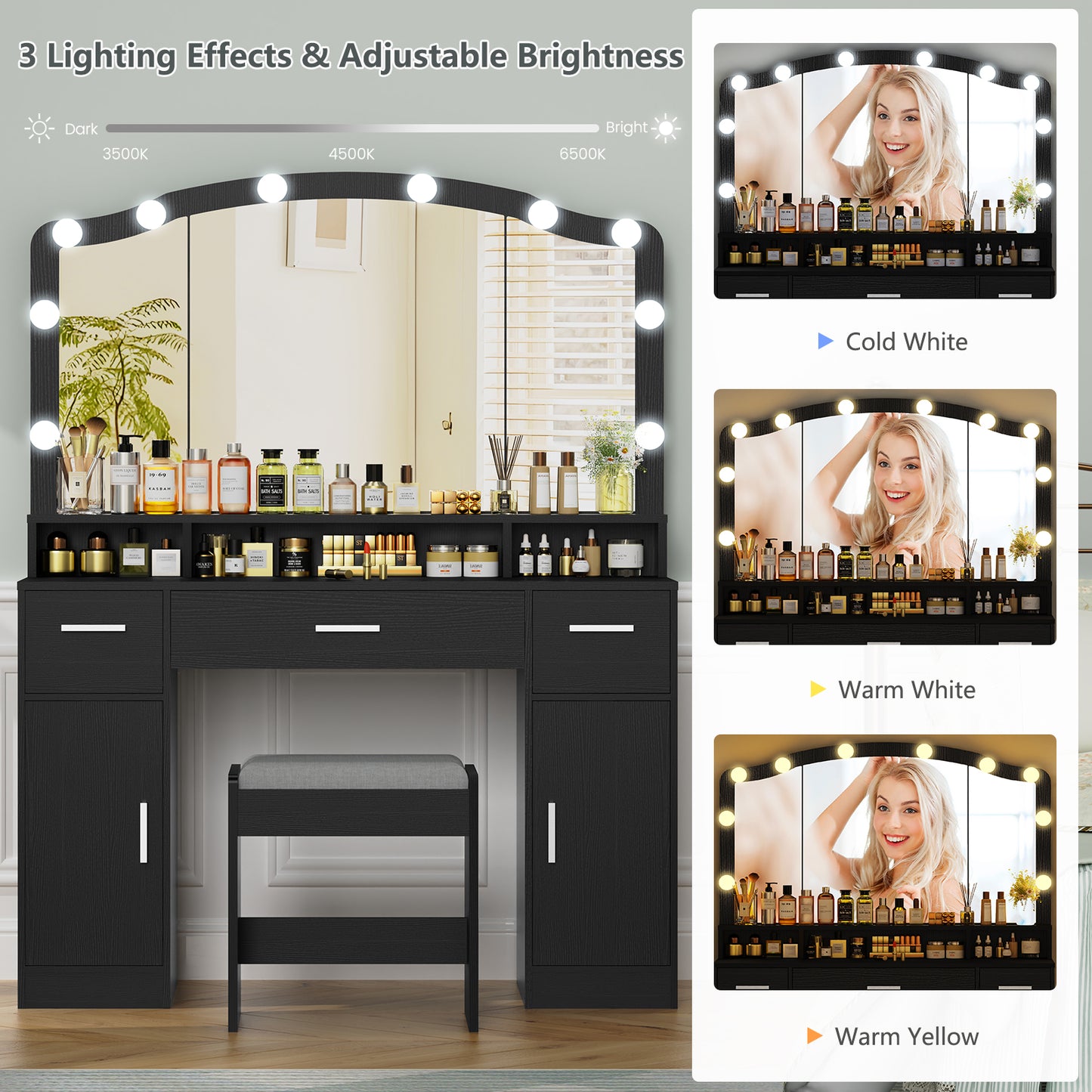 USIKEY Large Vanity Set with Large Lighted Mirror