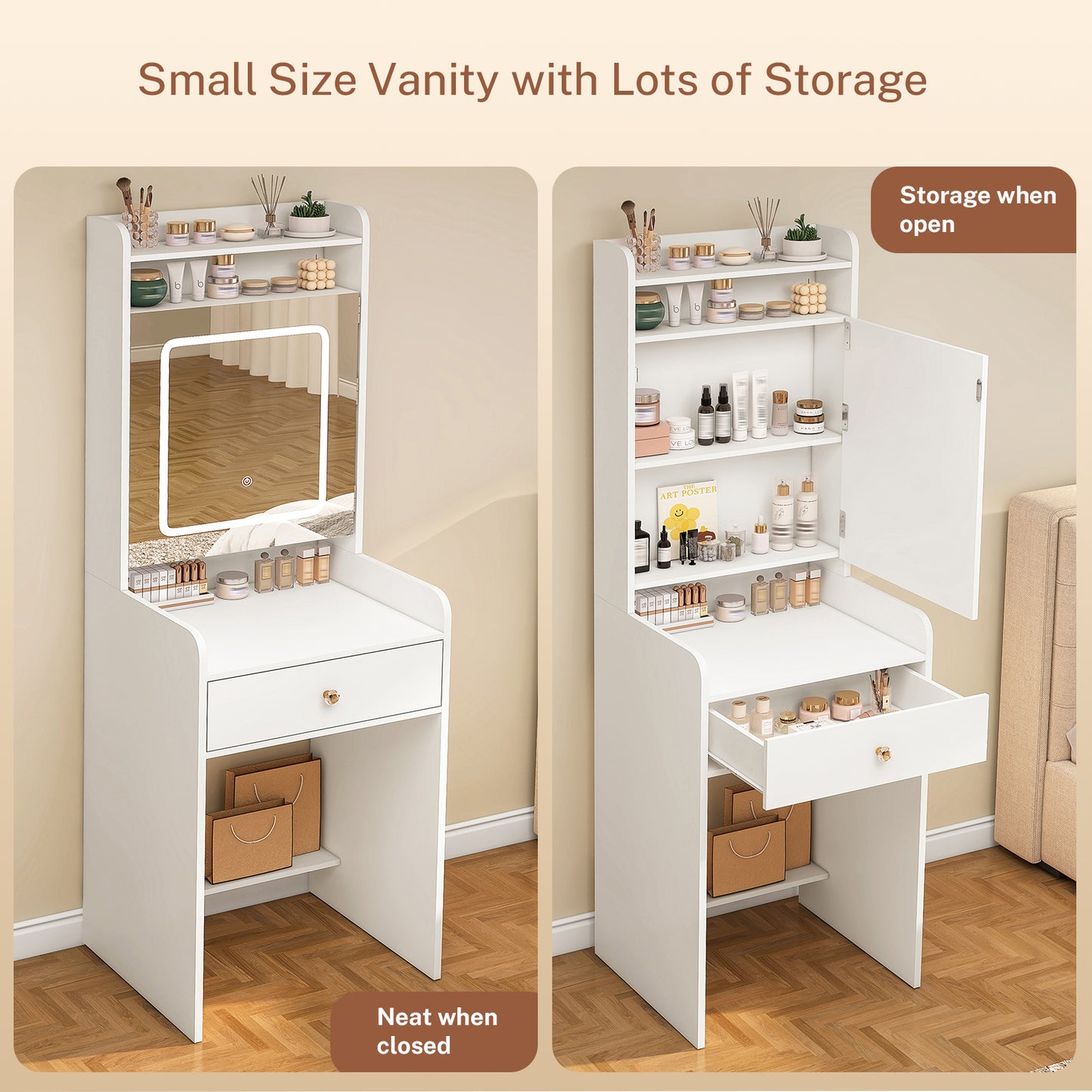 USIKEY Vanity Desk, Small Vanity with LED Lights, Makeup Vanity with Mirror for Bedrooms,Makeup Vanity Desk with 1 Drawers and 6 Shelves for White
