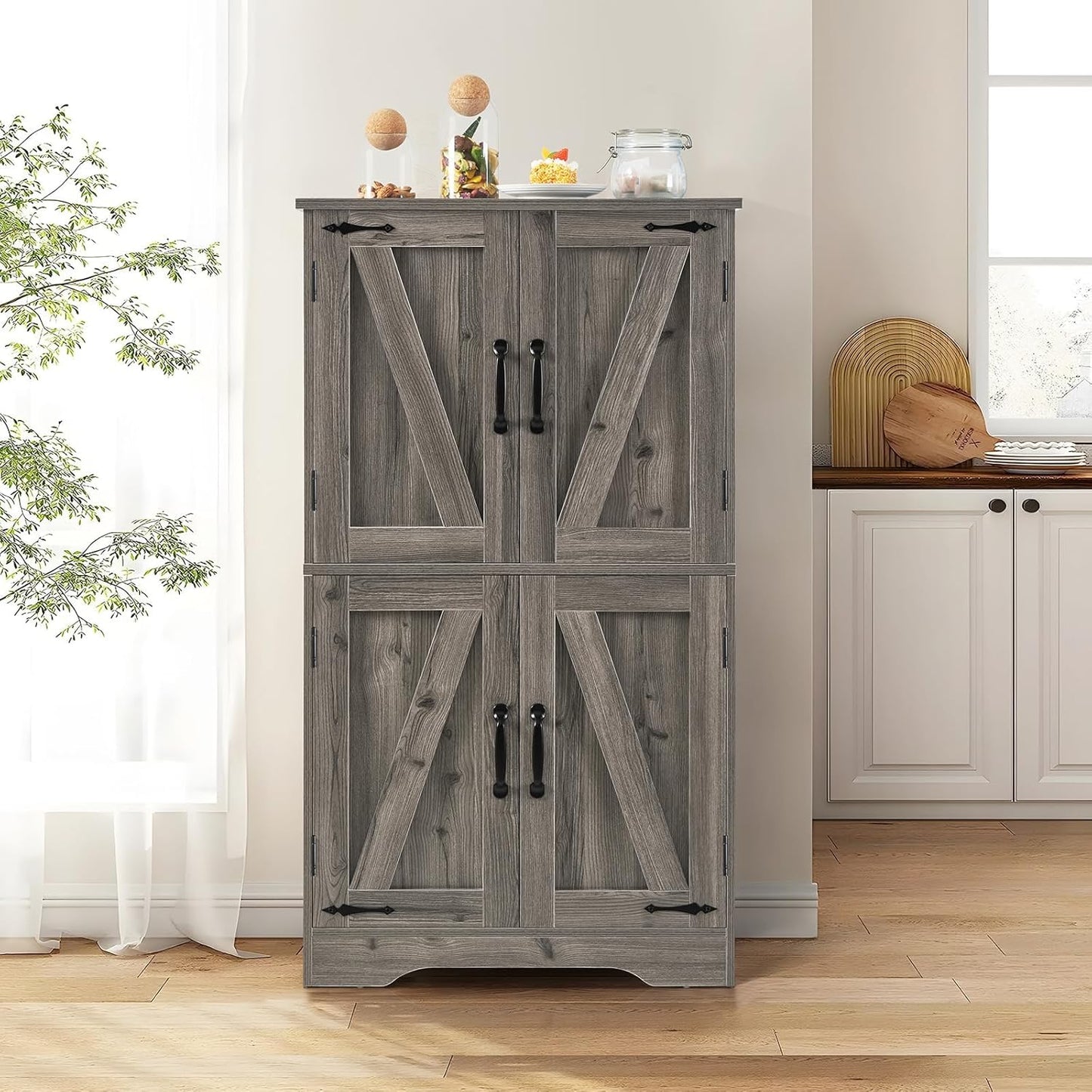 USIKEY Farmhouse Storage Cabinet with 2 Adjustable Shelves, Bathroom Cabinet with 4 Doors, Kitchen Cabinets, Cupboard for Kitchen, Living Room