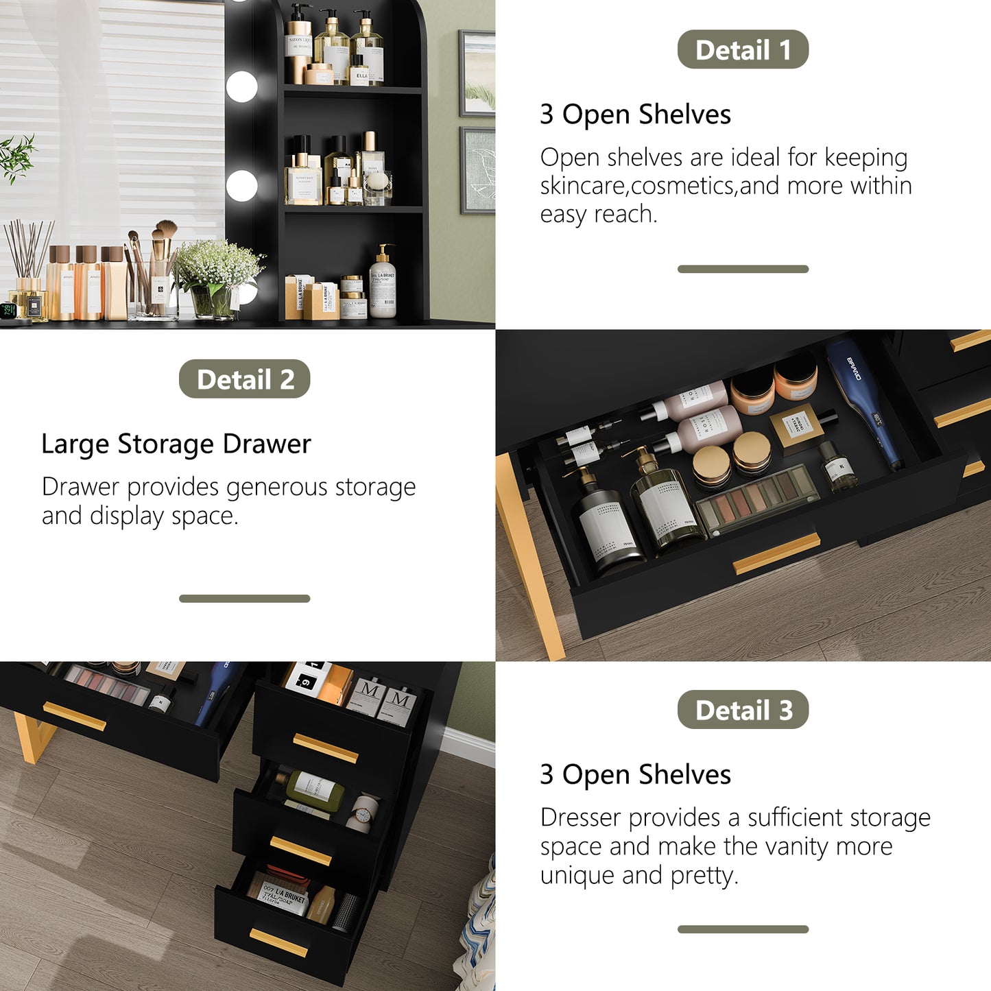 USIKEY Makeup Vanity Desk with Mirror & Lights, Vanity Desk with 4 Drawers & Power Outlet, Vanity Table with Open Storage Shelves for Bedroom