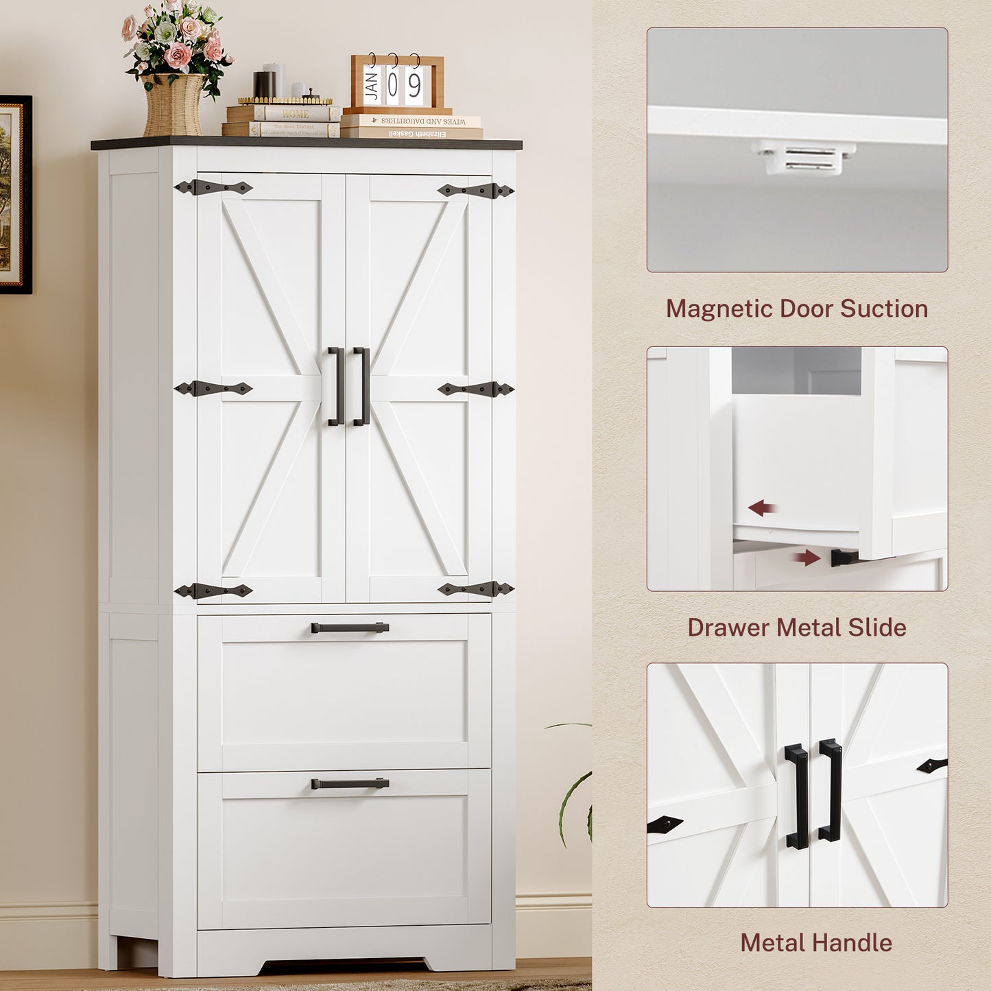 USIKEY 50.4" H Farmhouse Storage Cabinet, Bathroom Storage Cabinet with with 2 Doors & Drawers and Adjustable Shelf, for Bathroom, Living Room, White