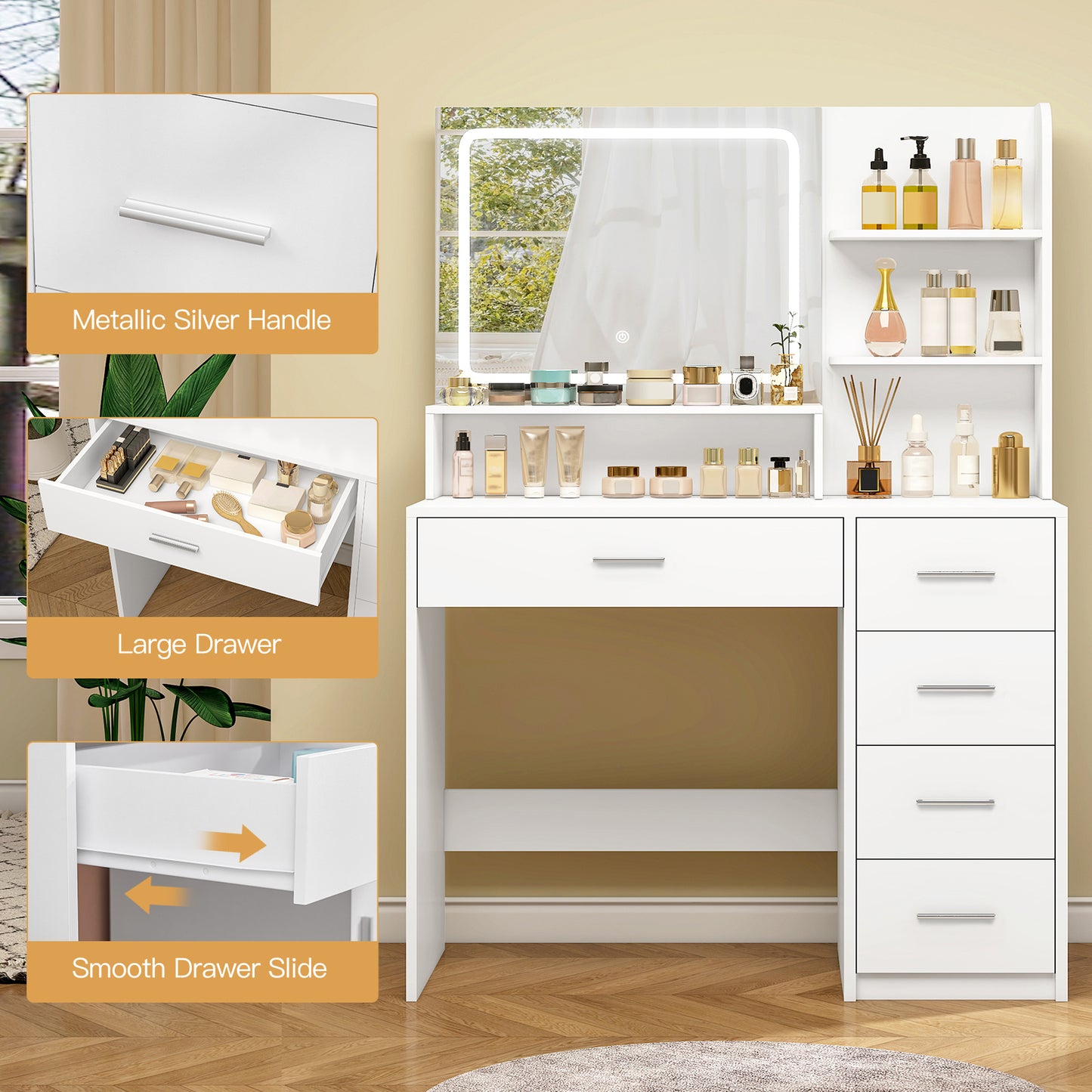 USIKEY Makeup Vanity Desk with LIighted Mirror, Vanity Desk with 5 Drawers, 3 Color Modes & Adjustable Brightness Dressing Table, Bedroom 