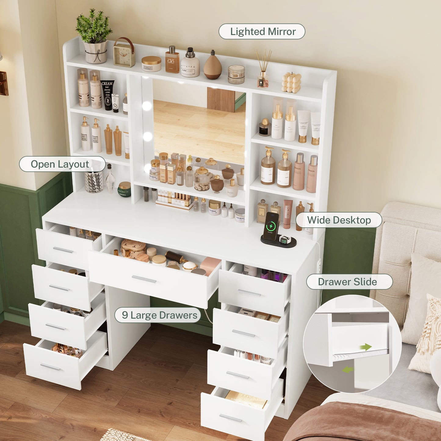 USIKEY Vanity Desk with Mirror and Lights, Power Outlet, Makeup Vanity with 9 Drawers & 6 Open Storage Shelves, 3 Lighting Modes Brightness Adjustable