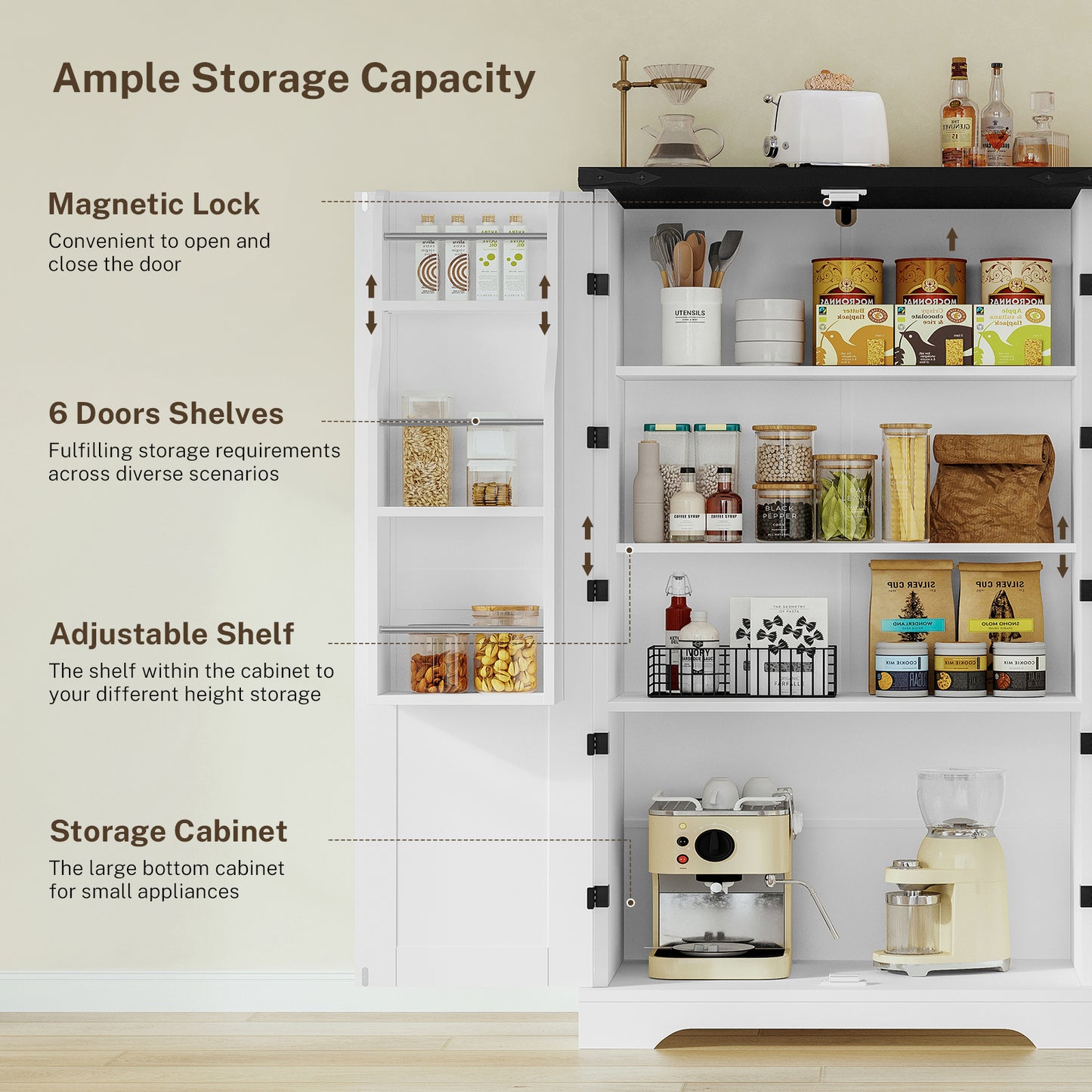 USIKEY Farmhouse Pantry Cabinet, Kitchen Cabinet, Storage Cabinet with Barn Doors, Kitchen Pantry Cabinet with 2 Adjustable Shelves, Tall Cabinet for Kitchen, Dining Room, White