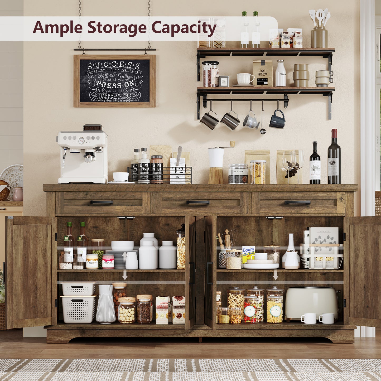 USIKEY Buffet Cabinet, 63” Large Sideboard Buffet Storage Cabinet with 3 Drawers, Farmhouse Coffee Bar with 4 Doors for Kitchen, Living Room