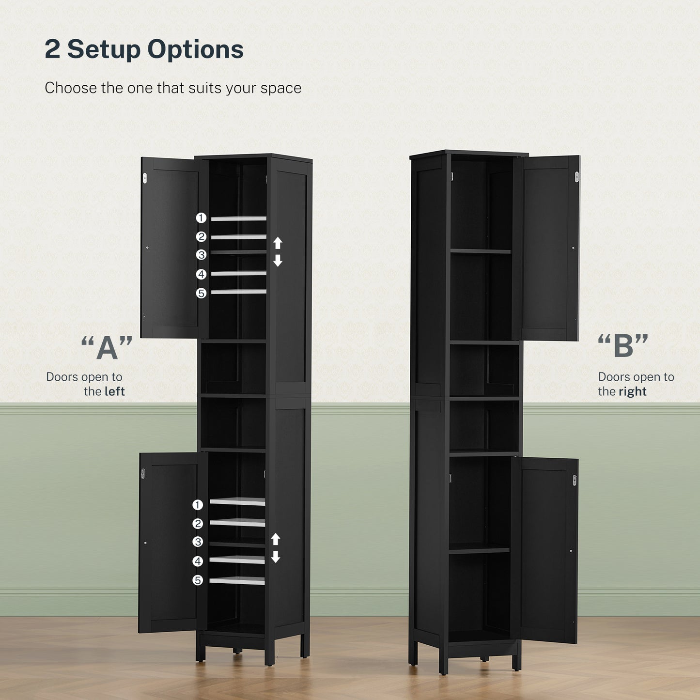 USIKEY 67" Tall Bathroom Cabinet with Adjustable Shelves and Doors, Narrow Bathroom Storage Cabinet for Small Space