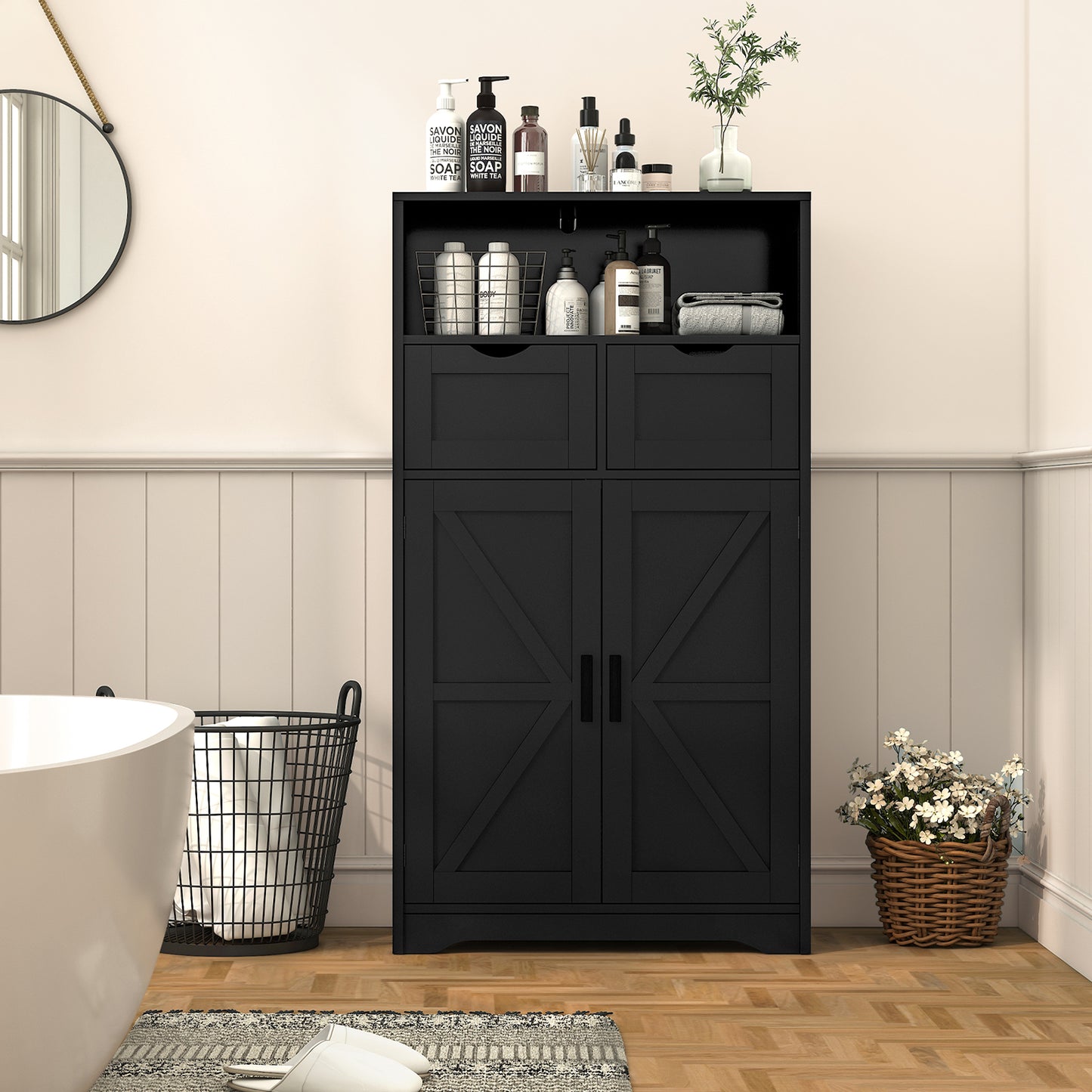 USIKEY Storage Cabinet with 2 Adjustable Drawers & 2 Barn Doors, Standing Cupboard with 2 Shelf, Floor Cabinet for Living Room, Home Office, Kitchen
