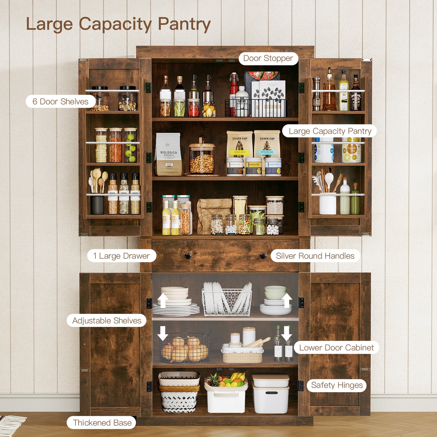 usikey 72?¡À Kitchen Pantry Cabinet, Tall Storage Cabinet with 4 Doors and 1 Drawer, Freestanding Cupboard with 6 Hanging Shelves and Adjustable Shelves for Kitchen, Dining Room,Living Room
