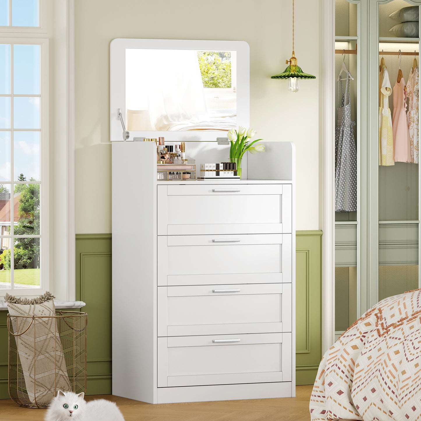 USIKEY Tall White Dresser for Bedroom, 4 Drawer Dresser with Mirror, Modern Chest of Drawers, Wood Closet Clothes Storage Organizer for Bedroom, White