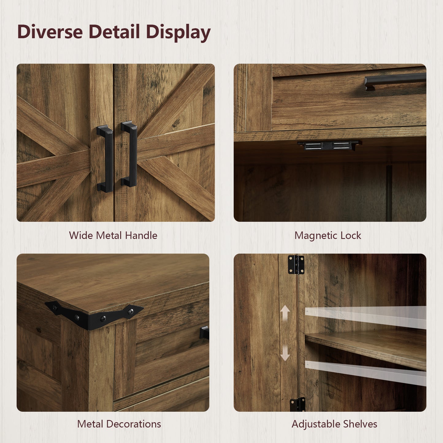 USIKEY Buffet Cabinet, 63” Large Sideboard Buffet Storage Cabinet with 3 Drawers, Farmhouse Coffee Bar with 4 Doors for Kitchen, Living Room