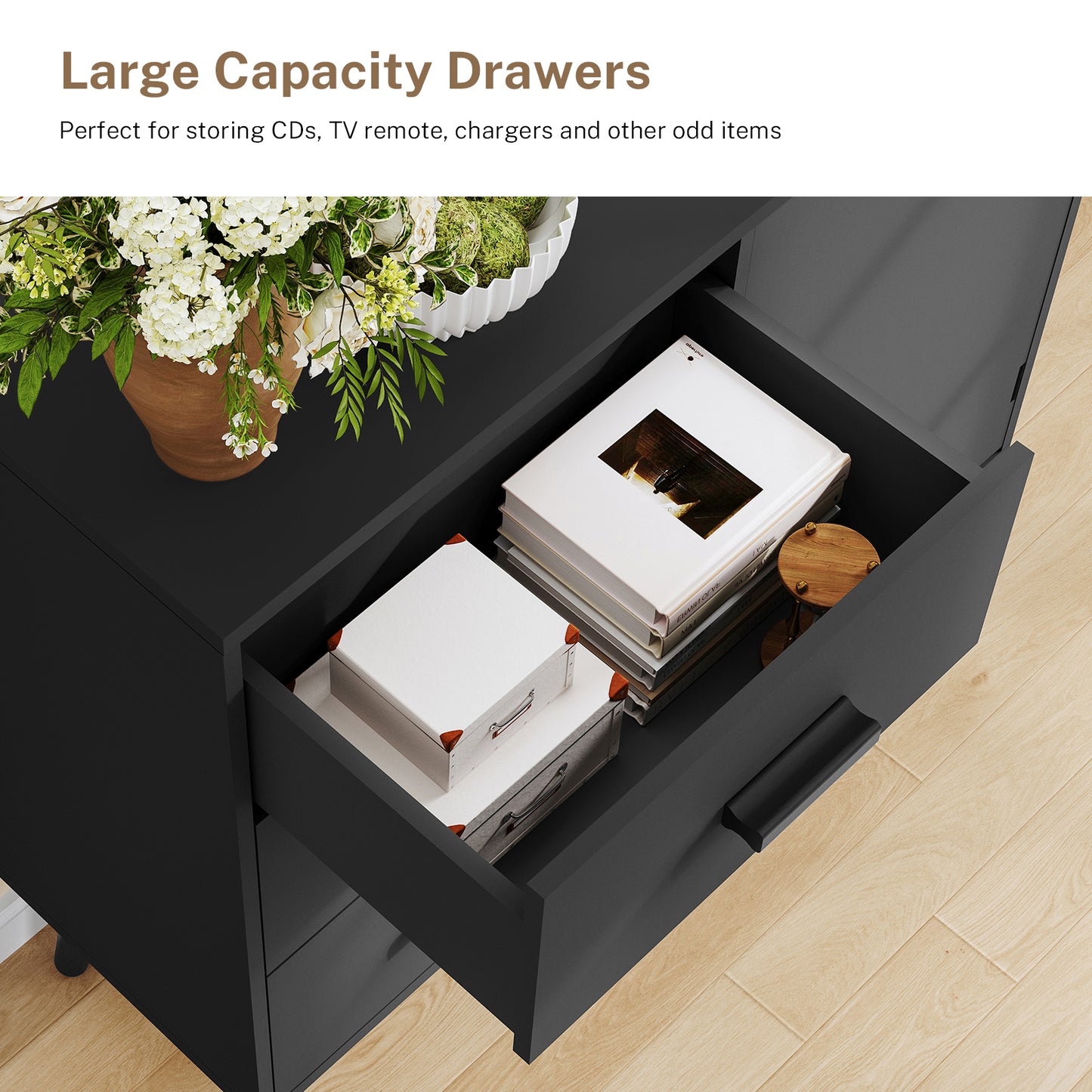 USIKEY Storage Cabinet with Rattan Door & 3 Drawers, Entryway Cabinet with Adjustable Shelf, Accent Cabinet for Living Room