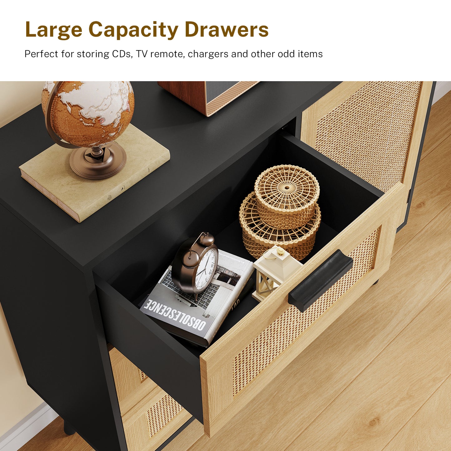 USIKEY Storage Cabinet with Rattan Door & 3 Drawers, Entryway Cabinet with Adjustable Shelf, Accent Cabinet for Living Room